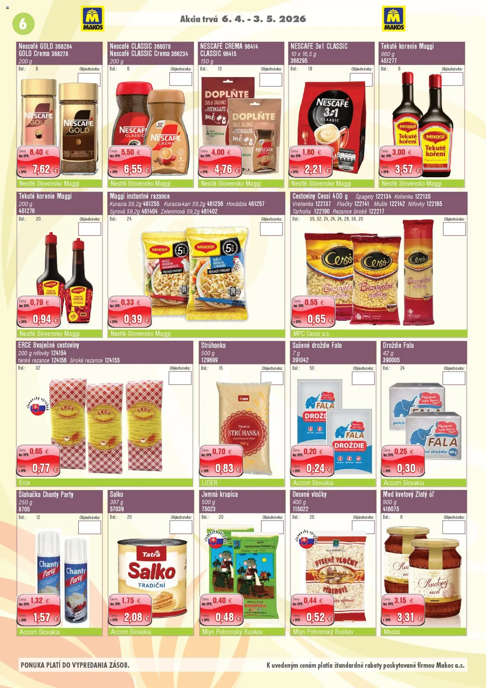 Nové Makos akcie – leták je platný od 06.04.2026 | Strana: 6 | Produkty: Cestoviny, Salko, Rezance, Nescafé Crema
