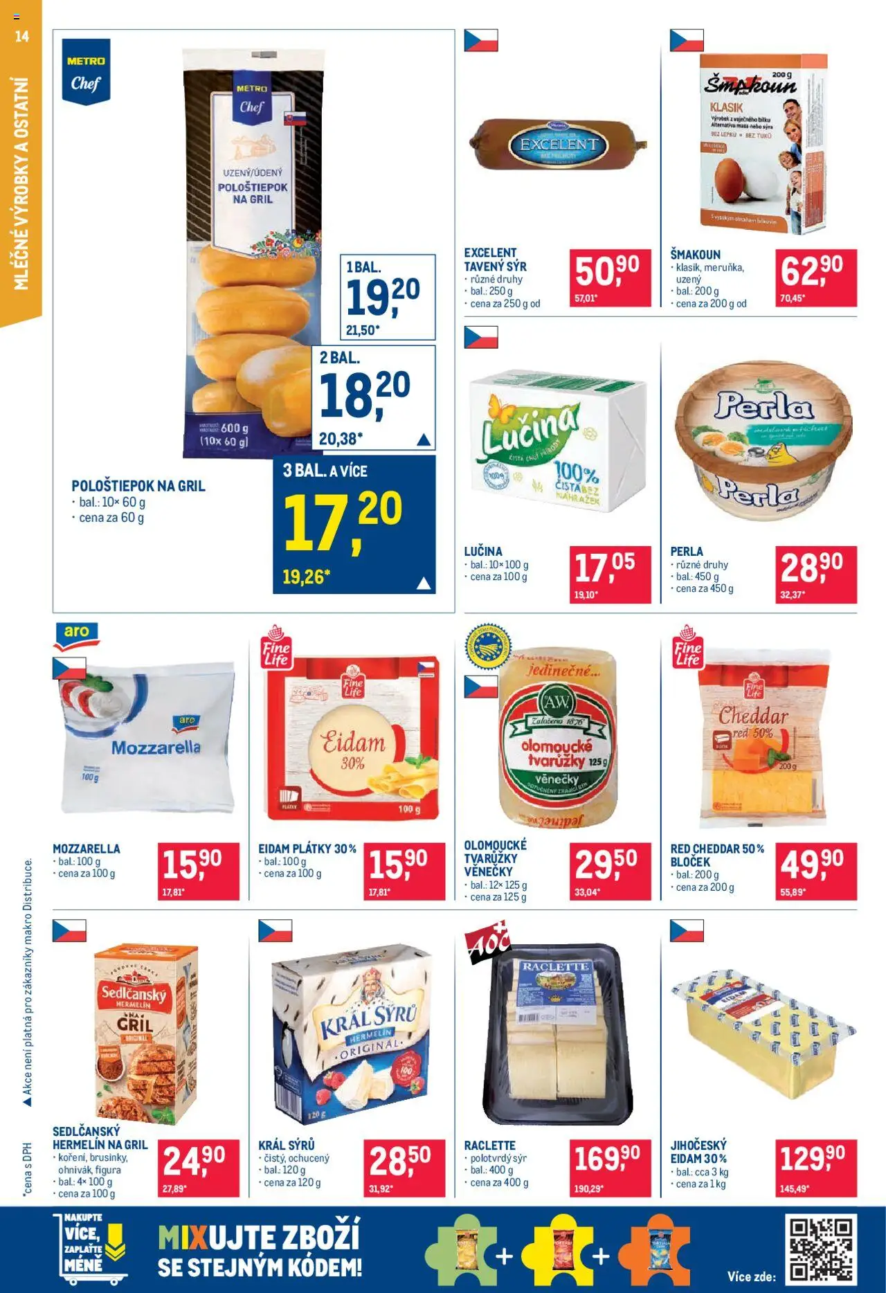 Makro leták - Pro milovníky jídla od 18.06.2025 | Strana: 14 | Produkty: Tavený sýr, Olomoucké tvarůžky, Hermelín na gril, Perla