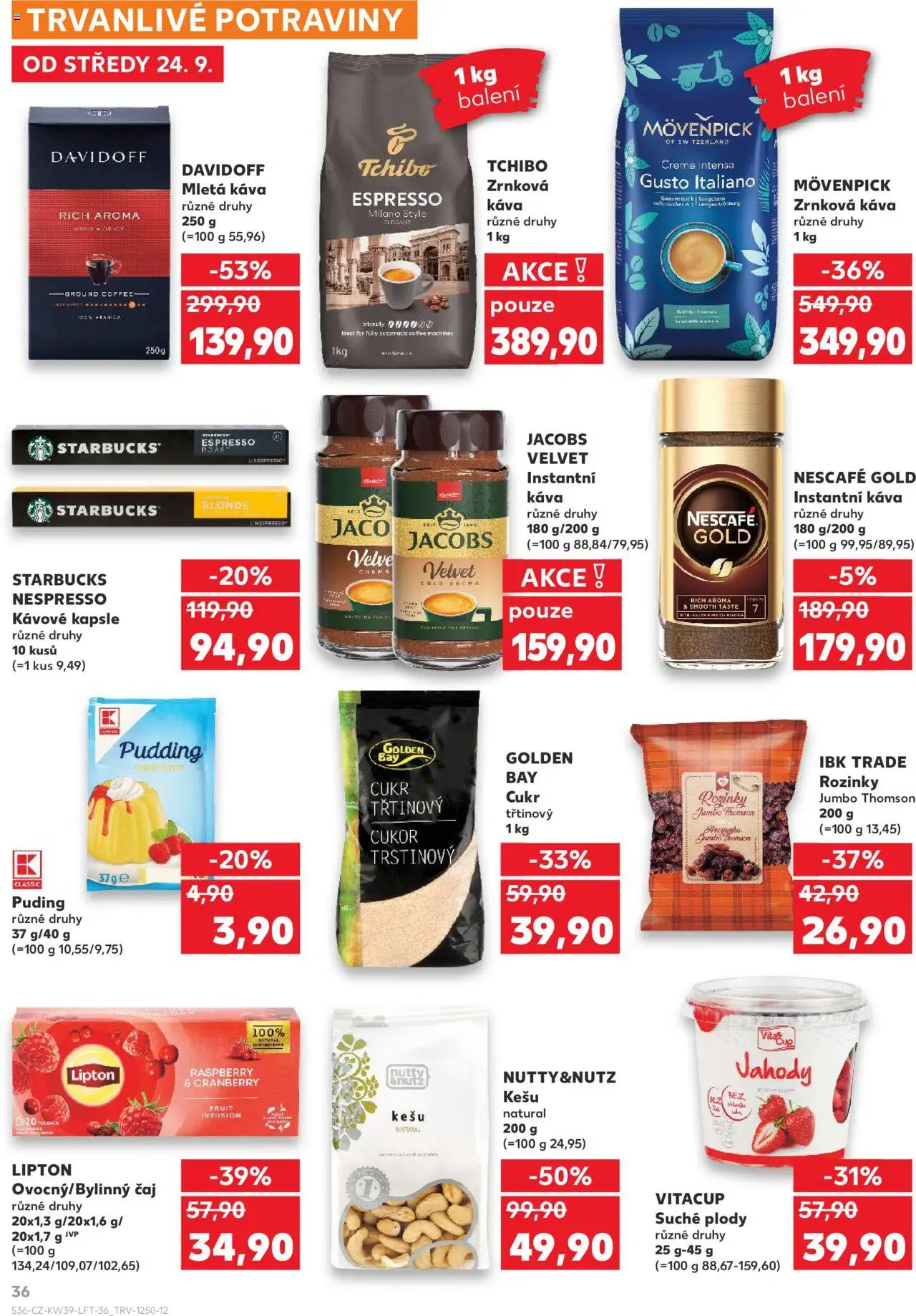 Kaufland leták od 24.09.2025 | Strana: 36 | Produkty: Rozinky, Káva, Čaj, Tchibo