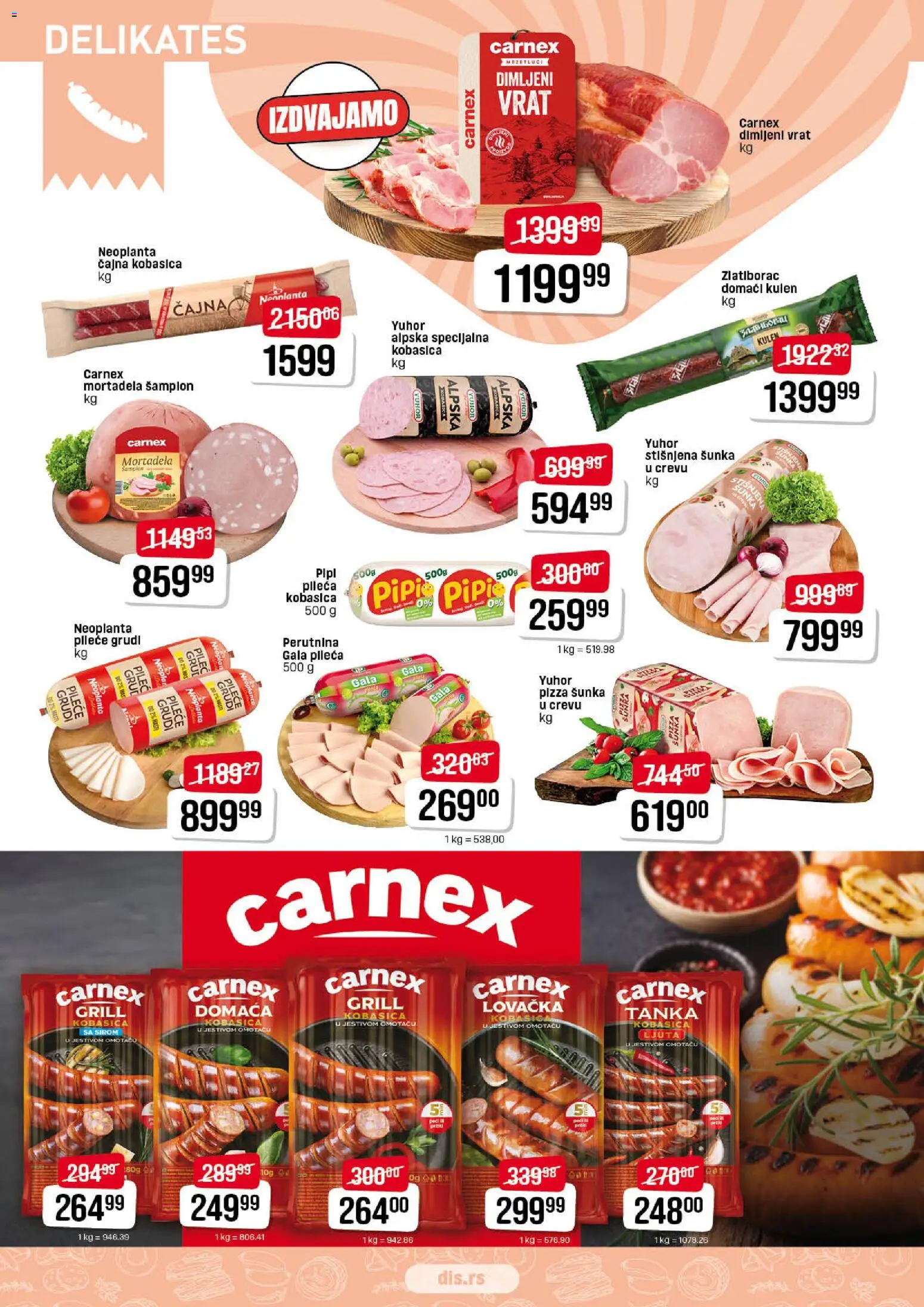 DIS katalog - važi od 06.11.2025 | Strana: 2 | Proizvode: Pileće grudi, Kulen, Mortadela, Pizza šunka