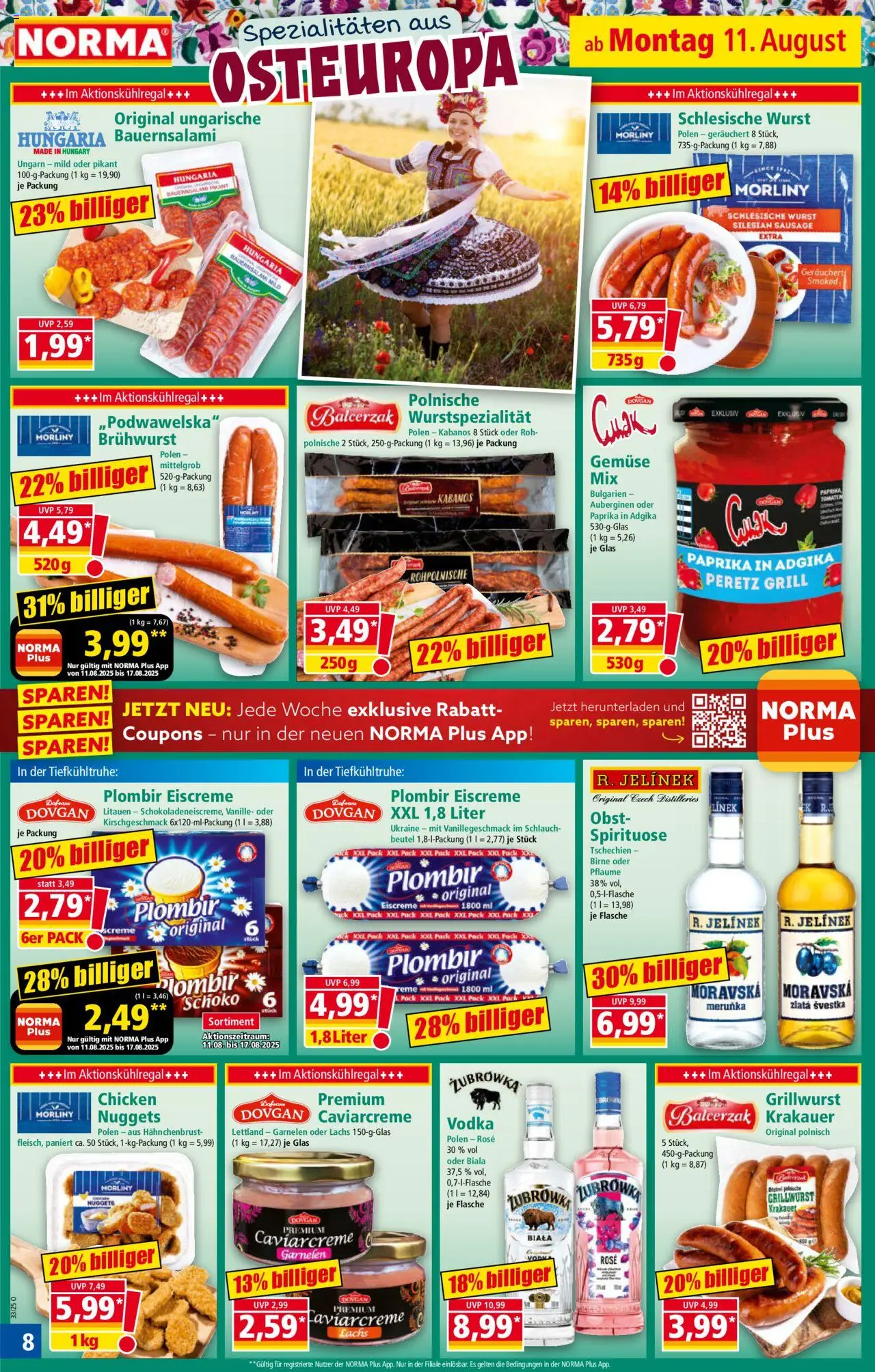 Norma Prospekt 	 - gültig ab dem 11.08.2025 | Seite: 8 | Produkte: Garnelen, Lachs, Wurst, Vodka