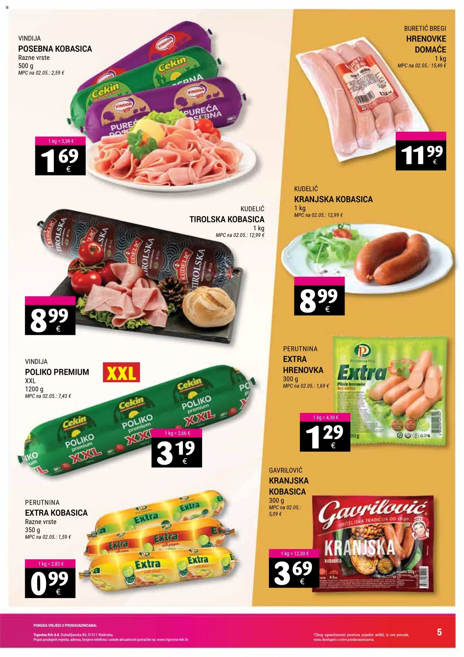 Trgovina Krk katalog | vrijedi od 02.02.2026 | Stranica: 5 | Proizvodi: Vindija, Hrenovke, Kranjska kobasica, Kobasica