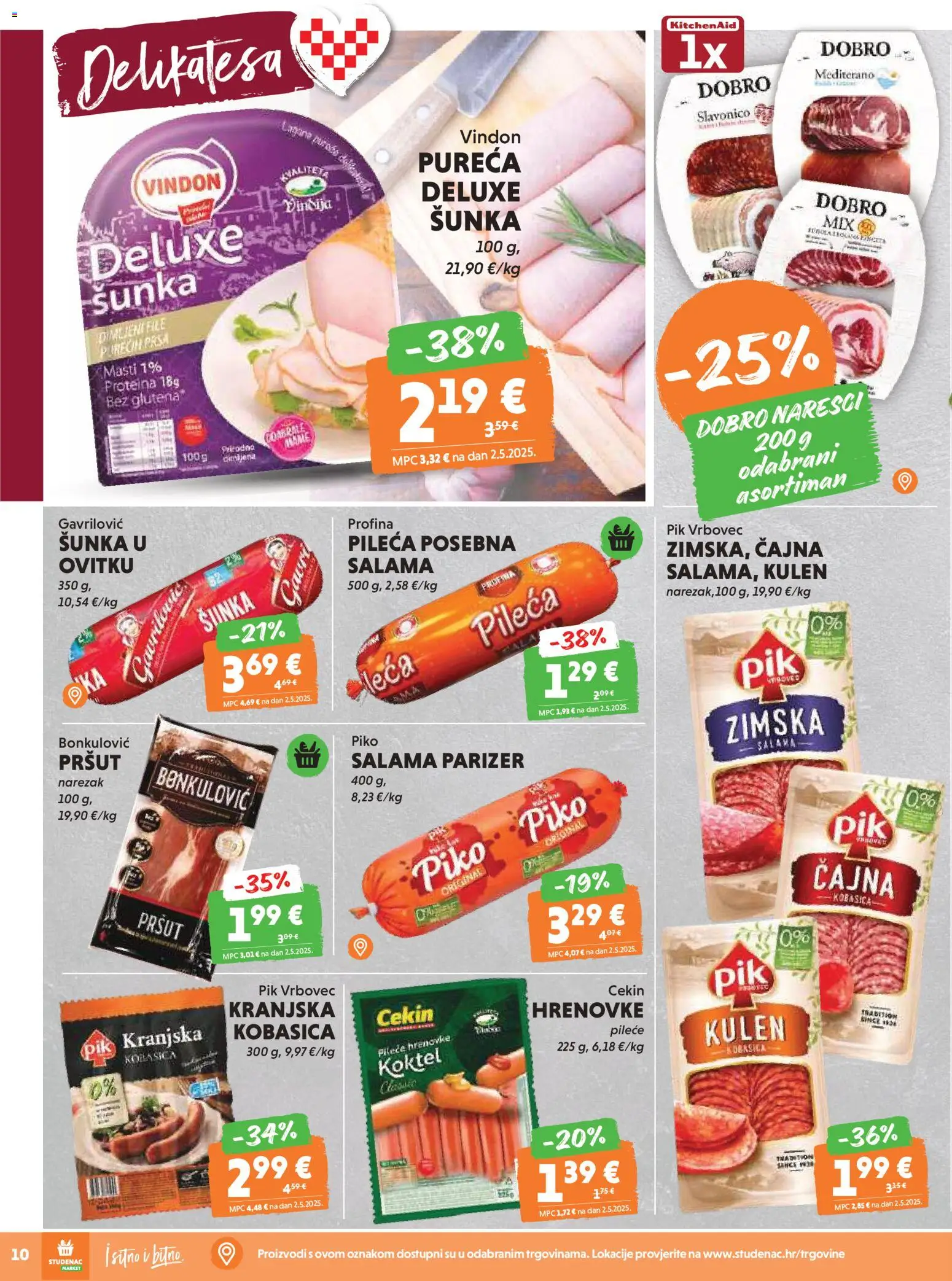 Studenac katalog | vrijedi od 19.11.2025 | Stranica: 10 | Proizvodi: Šunka, Hrenovke, Pršut, Kobasica