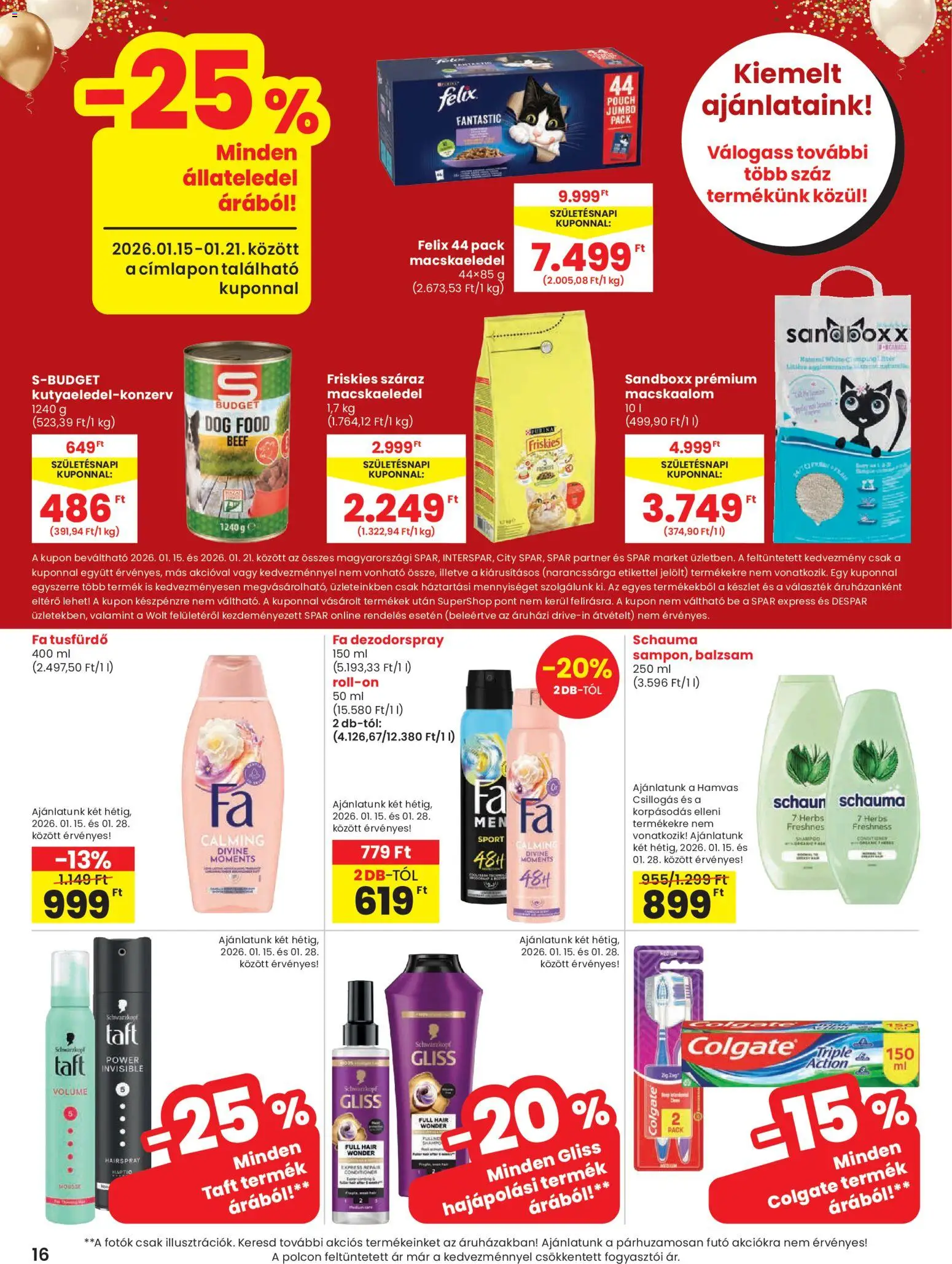 Spar akciós ujság - amely érvényes a következő dátumtól: 15.01.2026 | Oldal: 16 | Termékek: Macskaalom, Macskaeledel, Tusfürdő