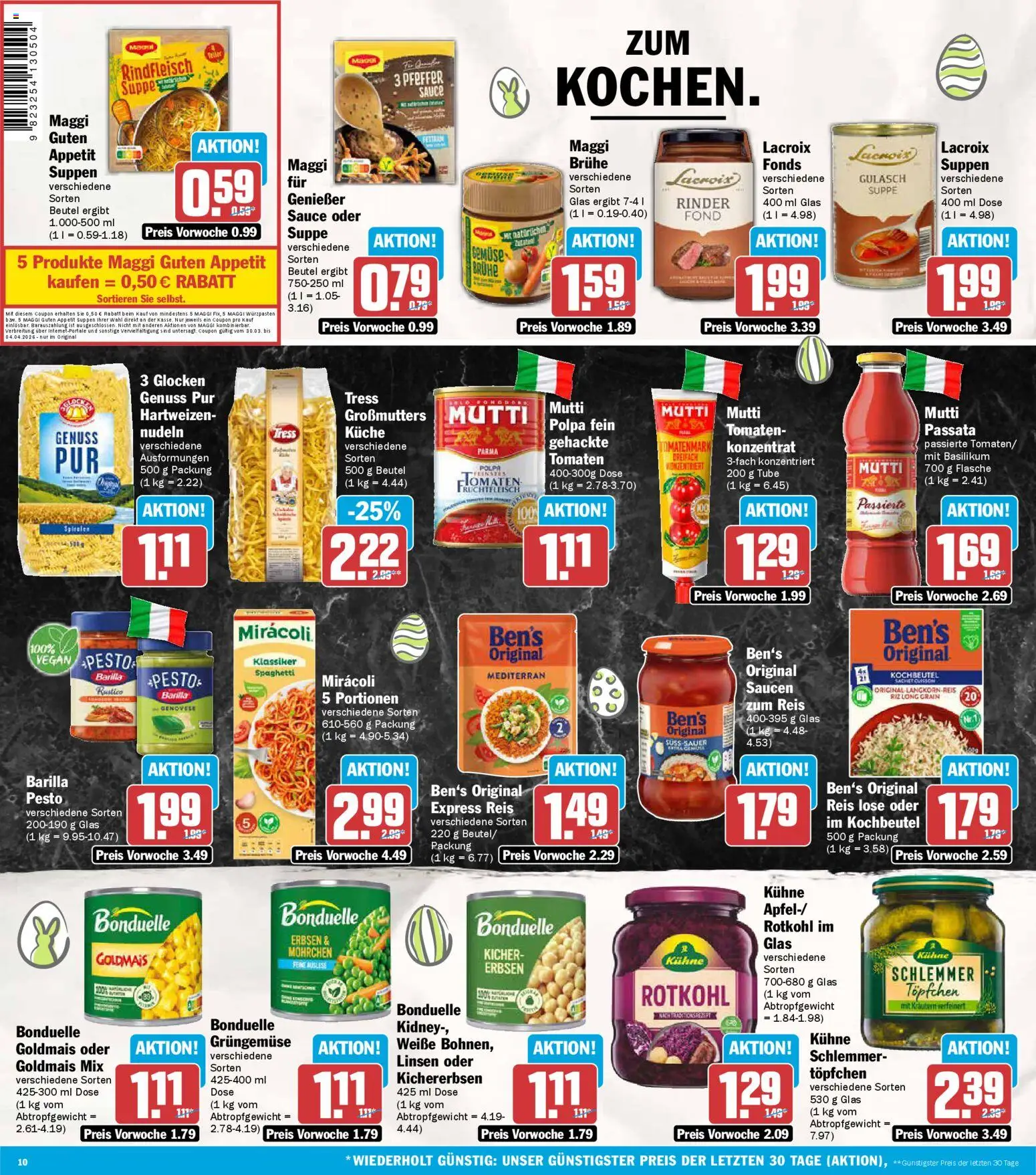 AEZ Prospekt 	 – gültig ab 30.03.2026 | Seite: 10 | Produkte: Barilla pesto, Gulasch, Rindfleisch, Erbsen