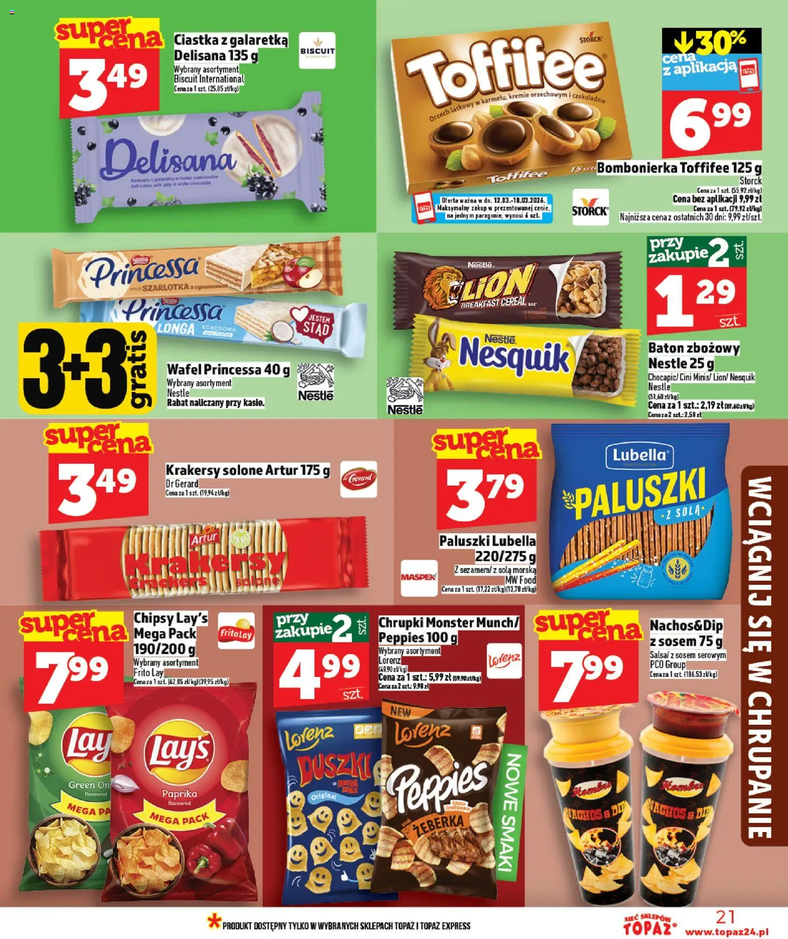 Topaz gazetka od 12.03.2026 | Strona: 21 | Produkty: Chrupki, Toffifee, Paluszki, Krakersy