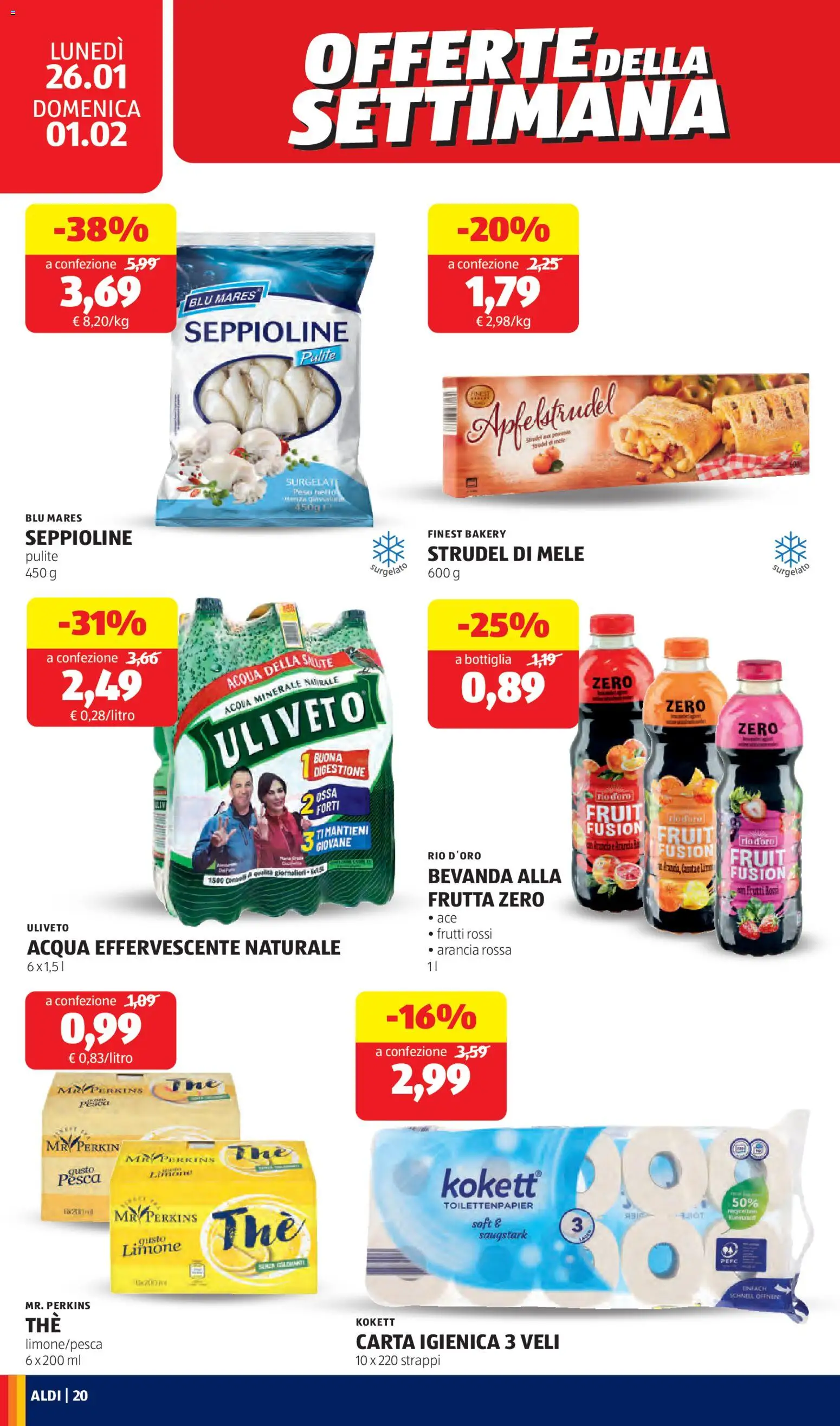 Volantino Aldi del 26.01.2026 | Pagina: 20 | Prodotti: Acqua, Pesca, The, Arancia
