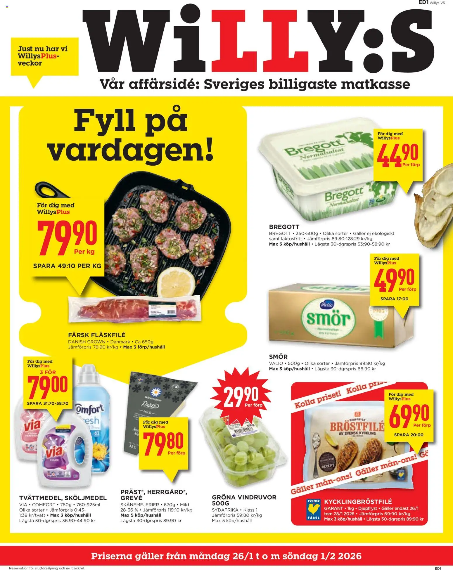 Willys reklamblad aktuell från 26.01.2026 | Sida: 1 | Produkter: Vindruvor, Sköljmedel, Galler, Bregott