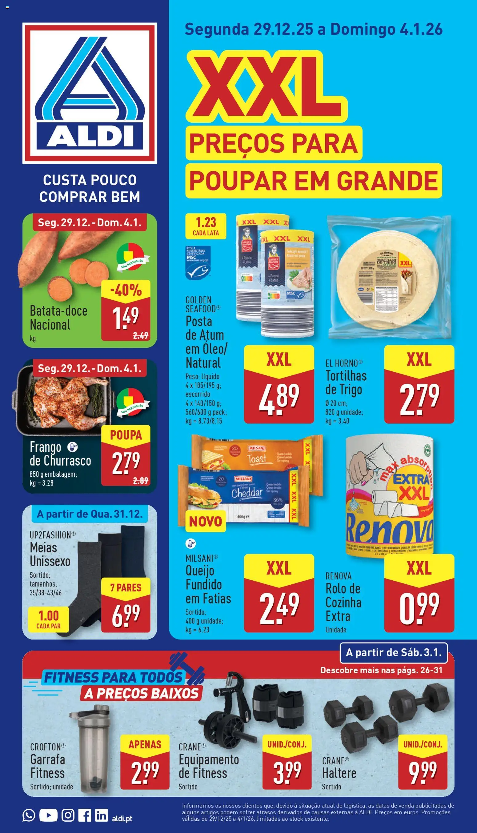 Aldi folheto │ válido de 29.12.2025 | Página: 1 | Produtos: Atum, Queijo, Cheddar, Meias