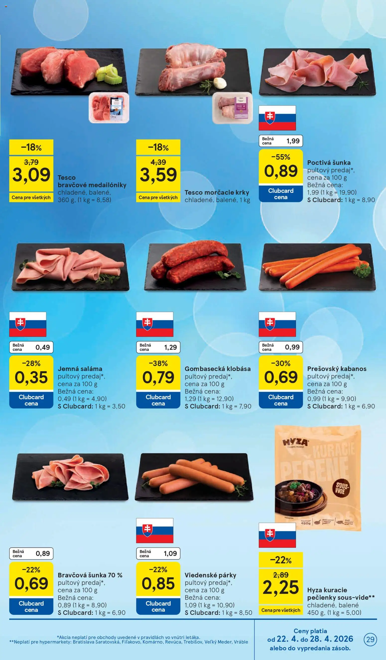 Nové Tesco akcie – leták je platný od 22.04.2026 | Strana: 29 | Produkty: Saláma, Šunka, Klobása, Párky