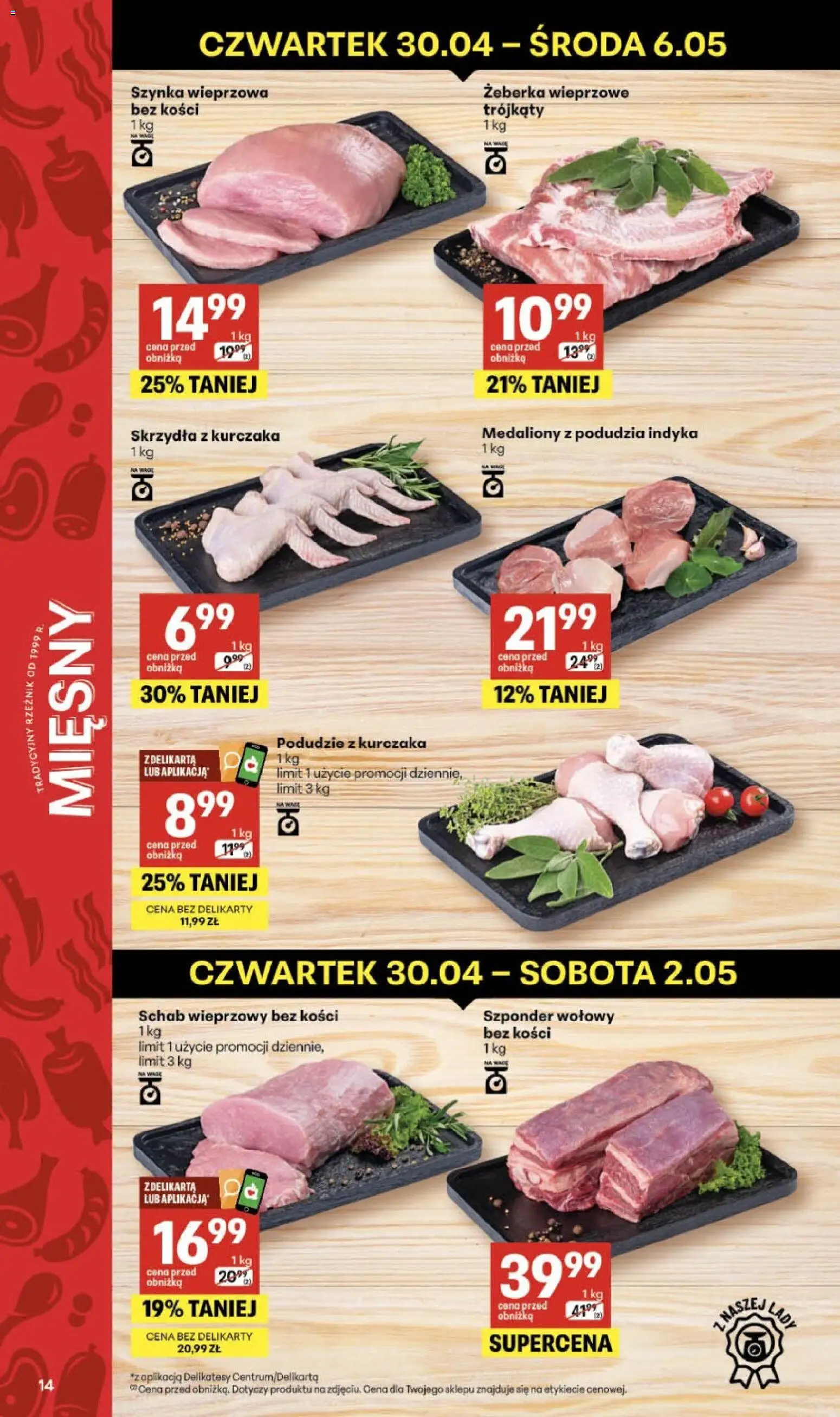 Delikatesy Centrum gazetka - Sklepy Własne od 30.04.2026 | Strona: 14 | Produkty: Podudzie z kurczaka, Schab wieprzowy, Szynka, Delikatesy