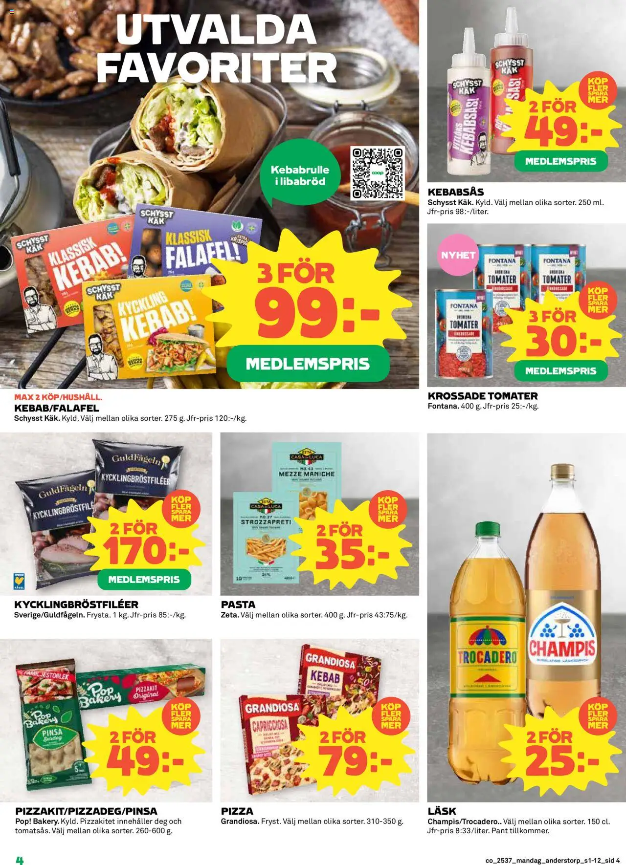 Coop reklamblad aktuell från 08.09.2025 | Sida: 4 | Produkter: Krossade tomater, Falafel, Pizzakit, Pasta