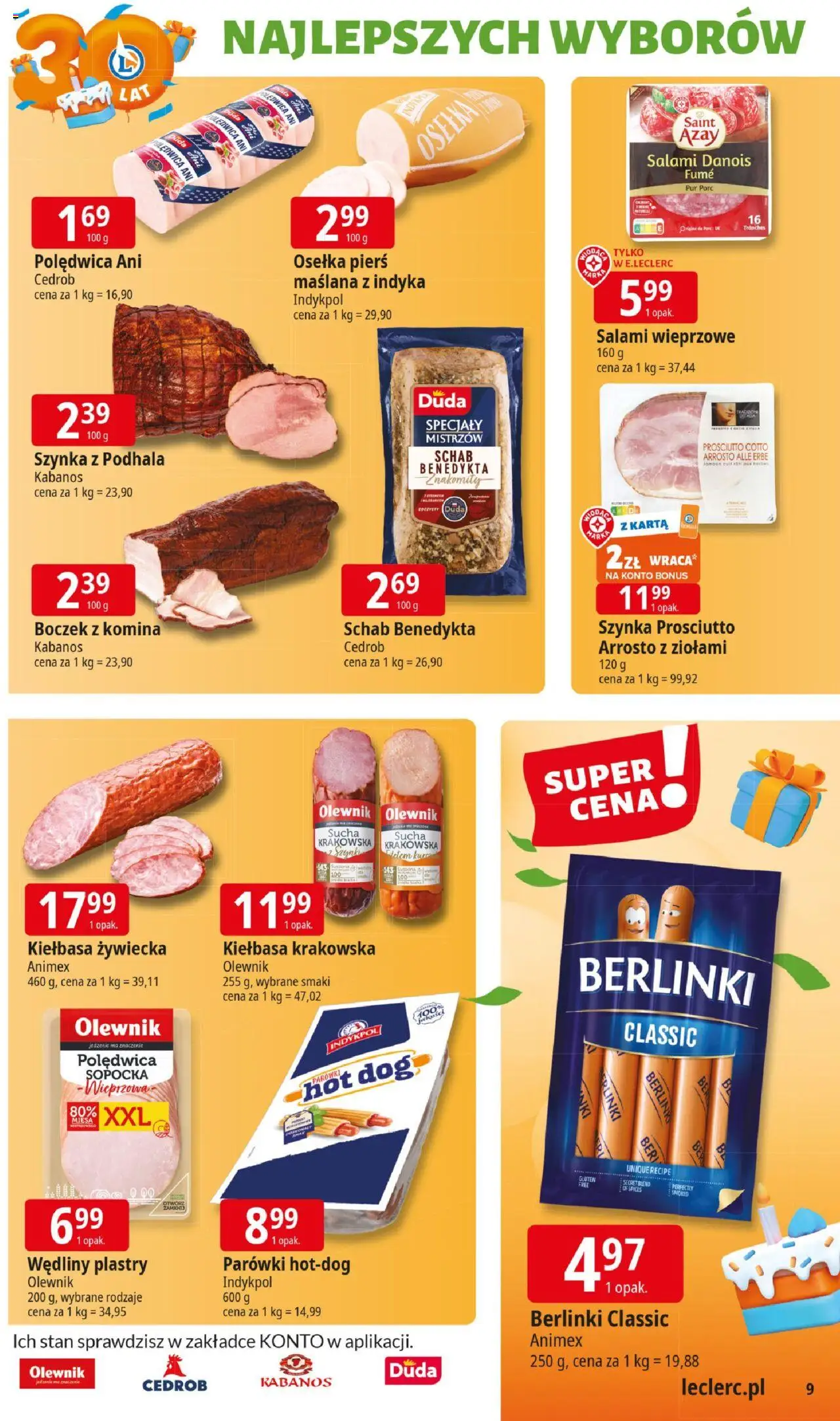 E.Leclerc Gazetka - Elbląg 30 lat od 02.06.2025 | Strona: 9 | Produkty: Kiełbasa, Osełka, Warka, Salami