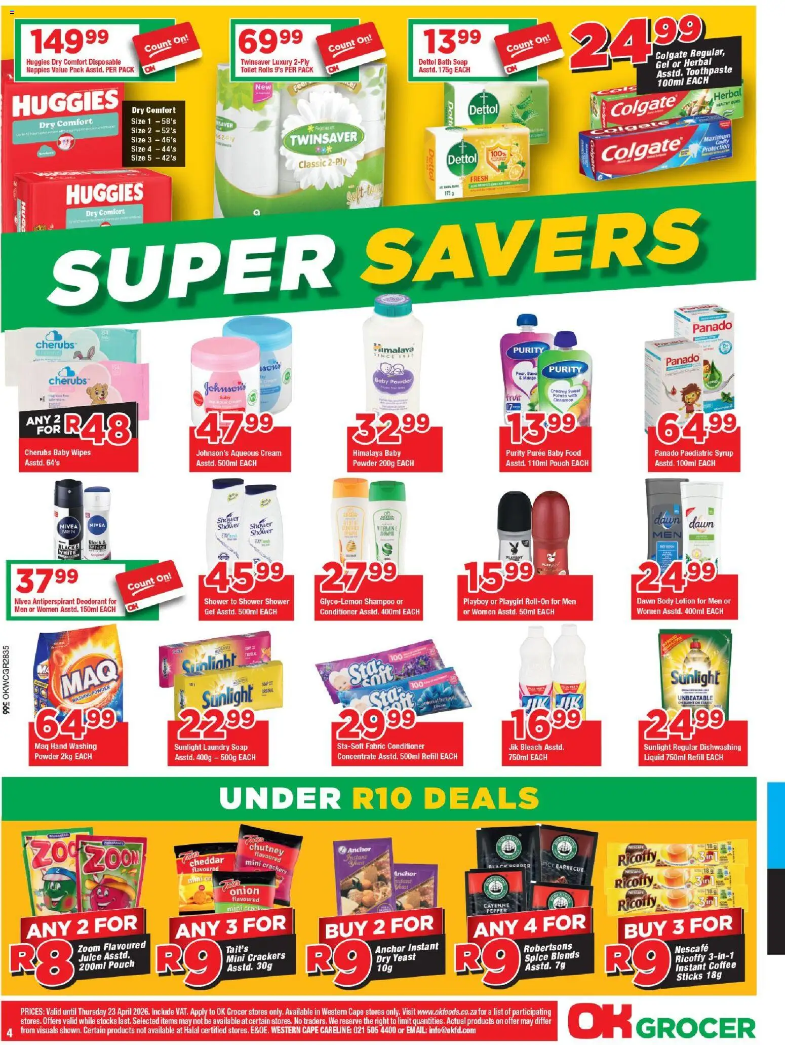 New OK Foods catalogue – valid from 15.04.2026 | Page: 4 | Products: Juice, Dishwashing liquid, Estuche organizador de viaje, Lotion