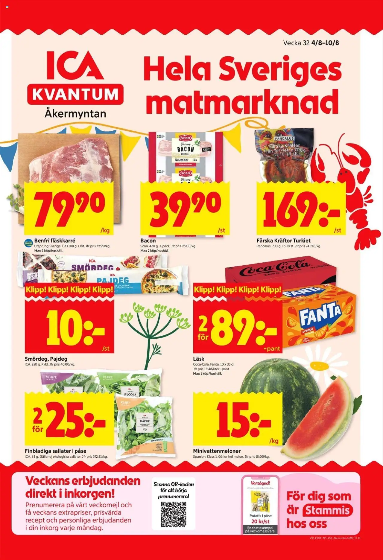 ICA Kvantum reklamblad aktuell från 04.08.2025 | Sida: 1 | Produkter: Kräftor, Bacon, Coca cola, Fanta