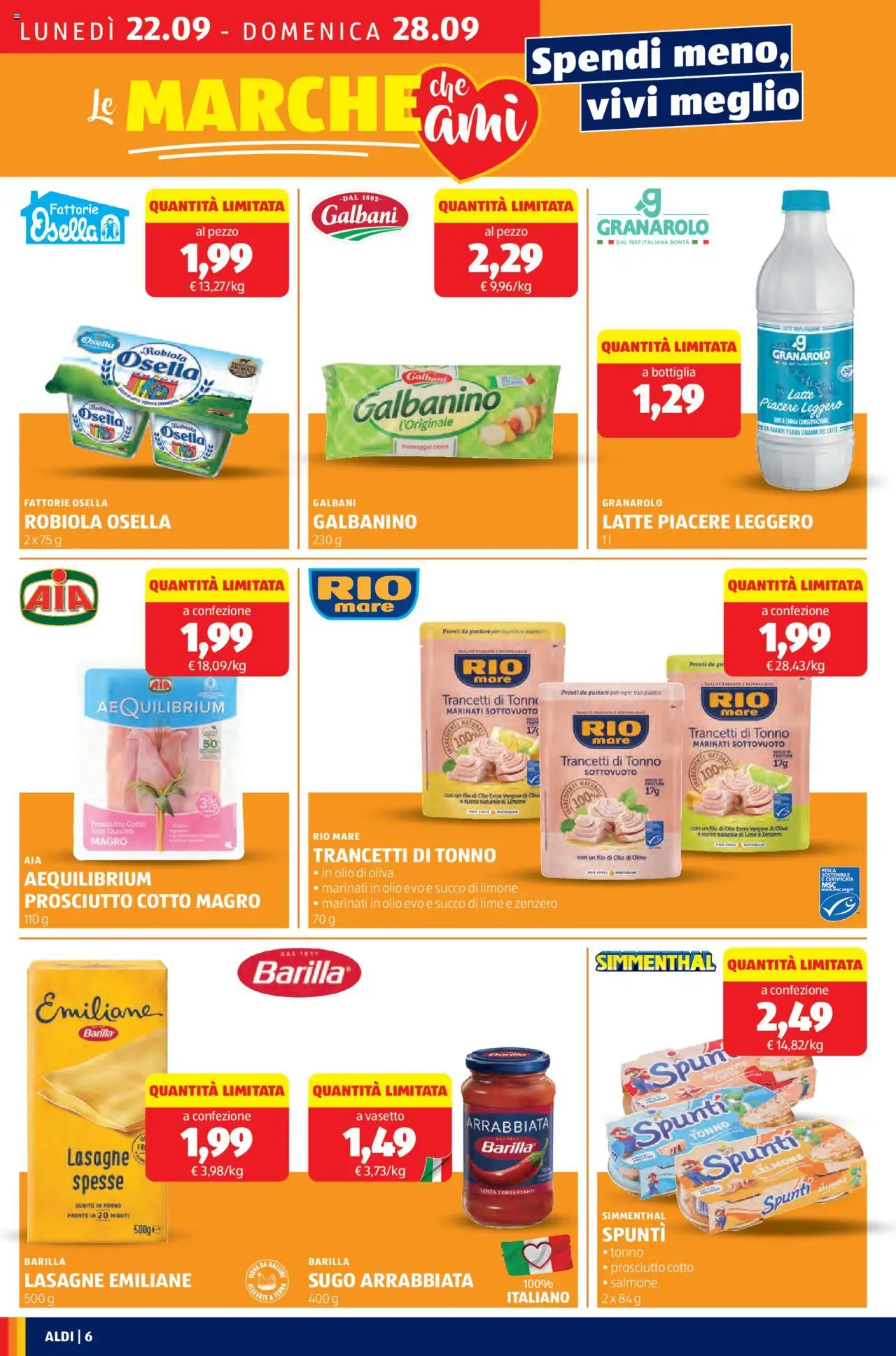 Volantino Aldi del 22.09.2025 | Pagina: 6 | Prodotti: Formaggio, Lime, Olio extra vergine, Bottiglia