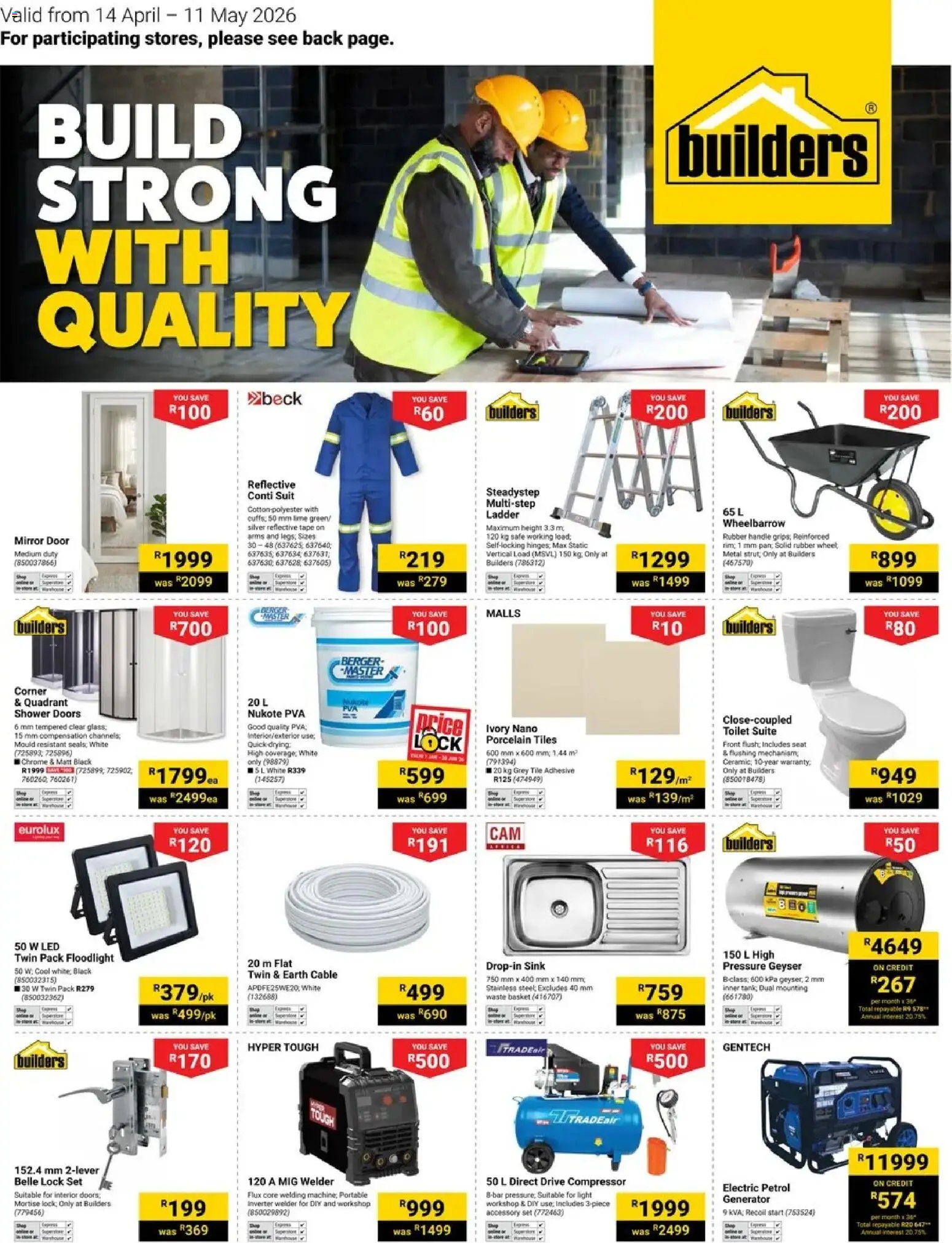 New Builders catalogue – valid from 14.04.2026 | Page: 1 | Products: Suit, Shower, Compressor, Adhesive