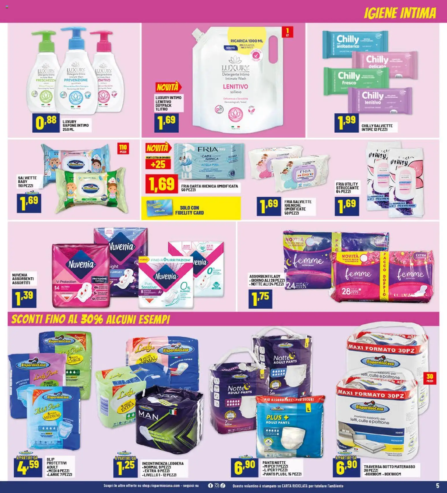 Volantino RisparmioCasa del 23.10.2025 | Pagina: 5 | Prodotti: Struccante, Sapone, Detergente, Slip