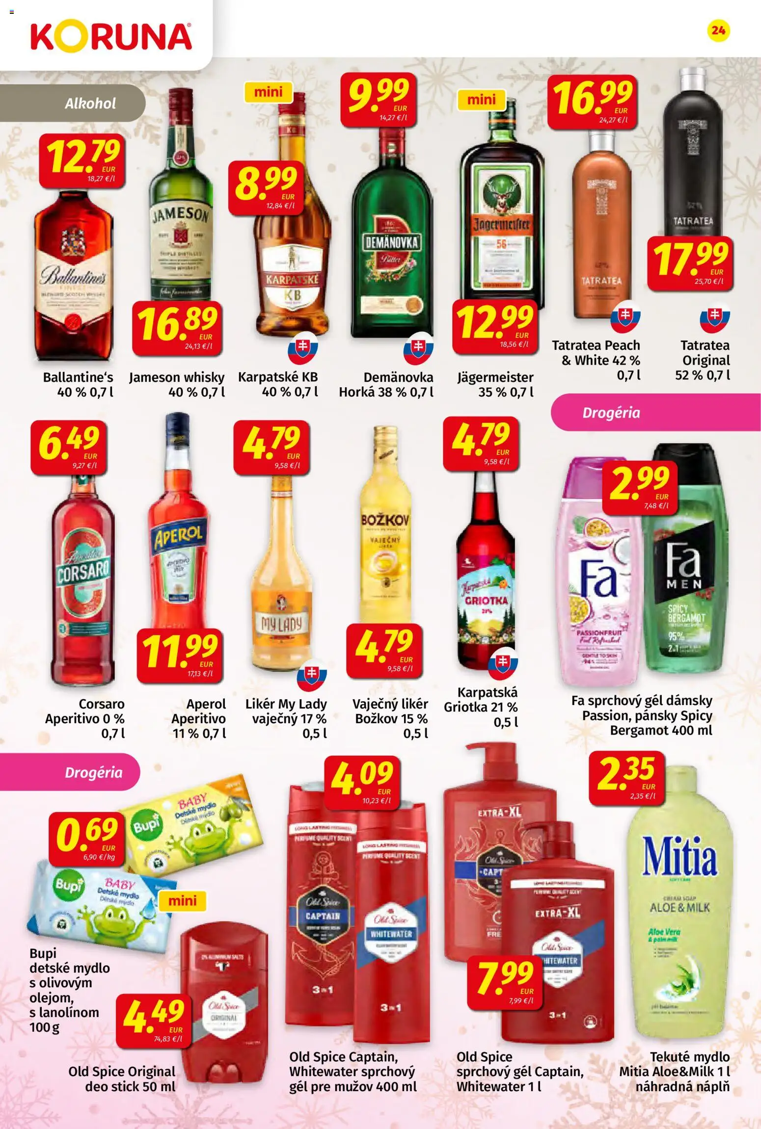 Nové Koruna akcie – leták je platný od 19.12.2025 | Strana: 24 | Produkty: Jägermeister, Old Spice, Whisky, Ballantines