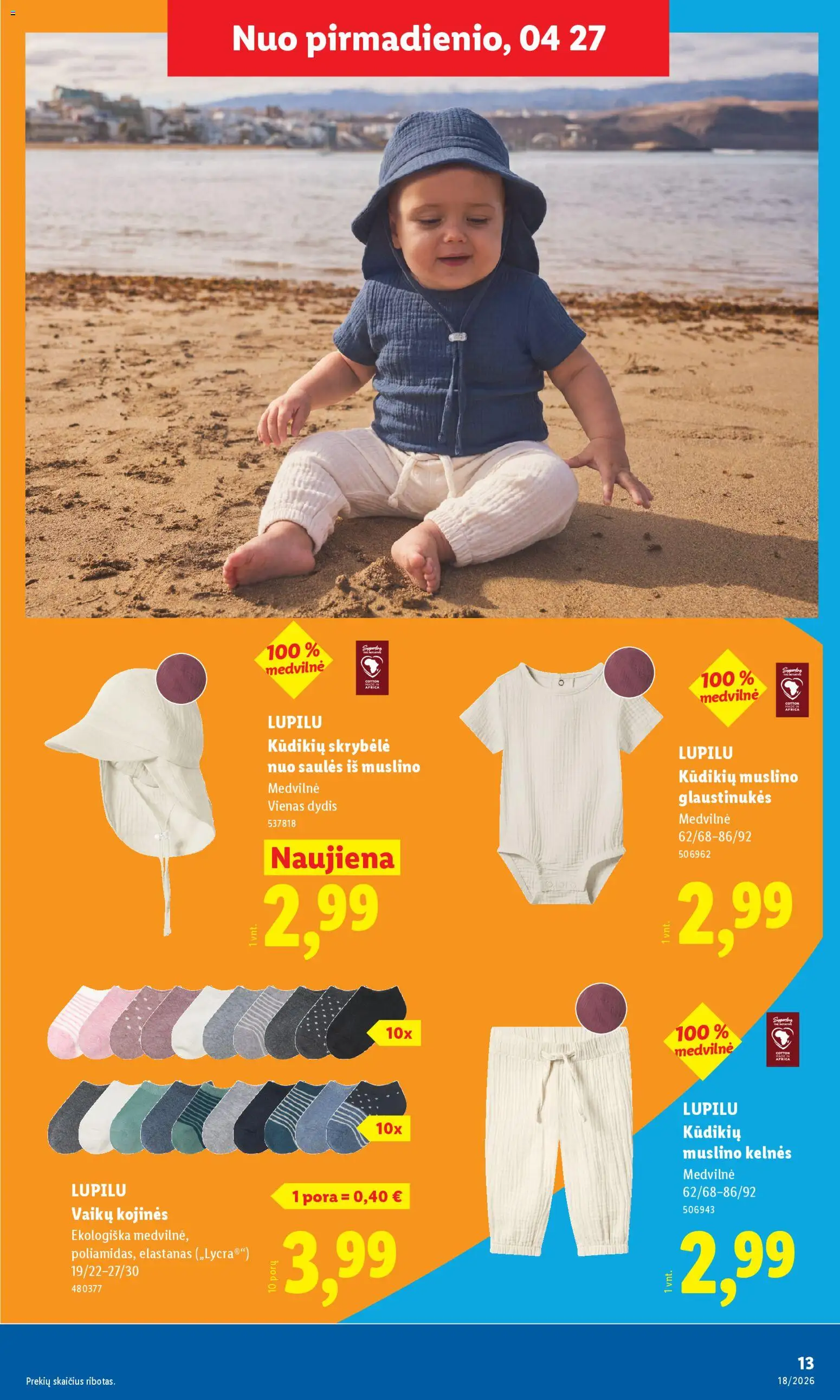 LIDL akcijos nuo 27.04.2026 | Puslapis: 13 | Prekių: Kelnes, Kojinės, Skrybėlė