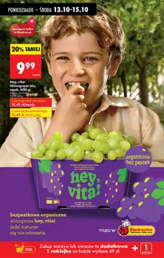 Pogląd oferty "Hey, vita! Winogrono bio, opak. 500 g:, Winogrono bio, jasne, ciemne" - ważna od 13.10.2025 | Strona: 82 | Produkty: Winogrona, Winogrono, Warzywa, Owoce