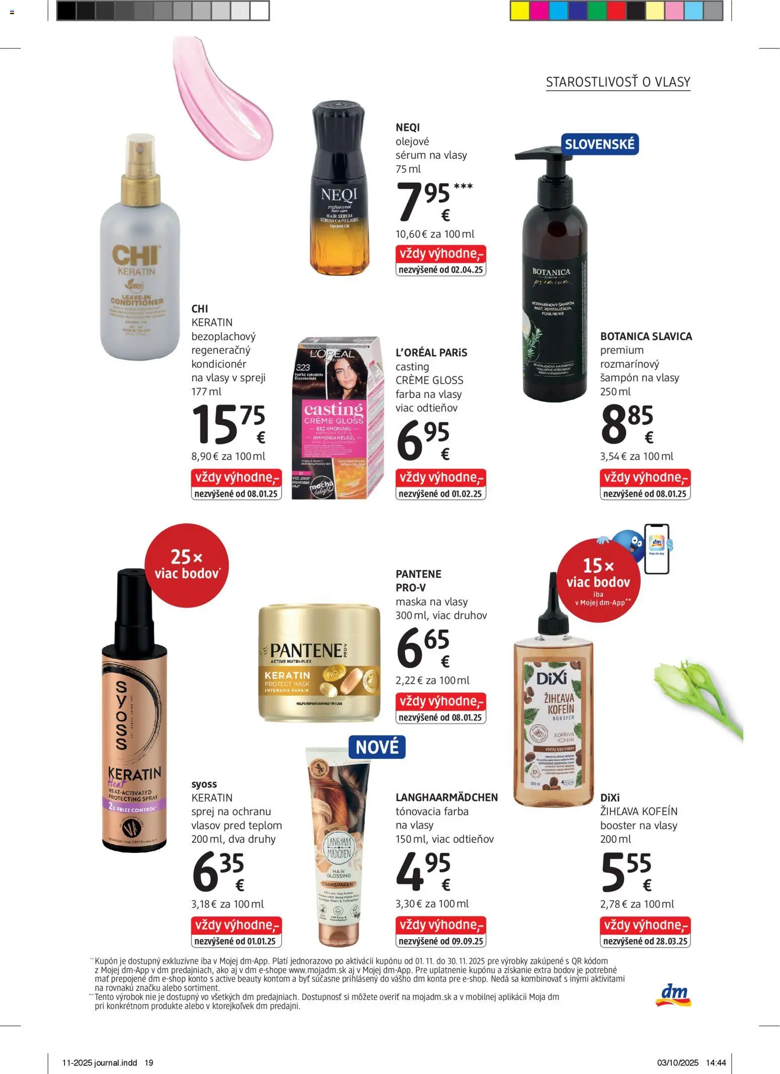 Nové dm drogerie akcie – leták je platný od 01.11.2025 | Strana: 19 | Produkty: Šampón, Kondicionér, Maska na vlasy, Farba na vlasy