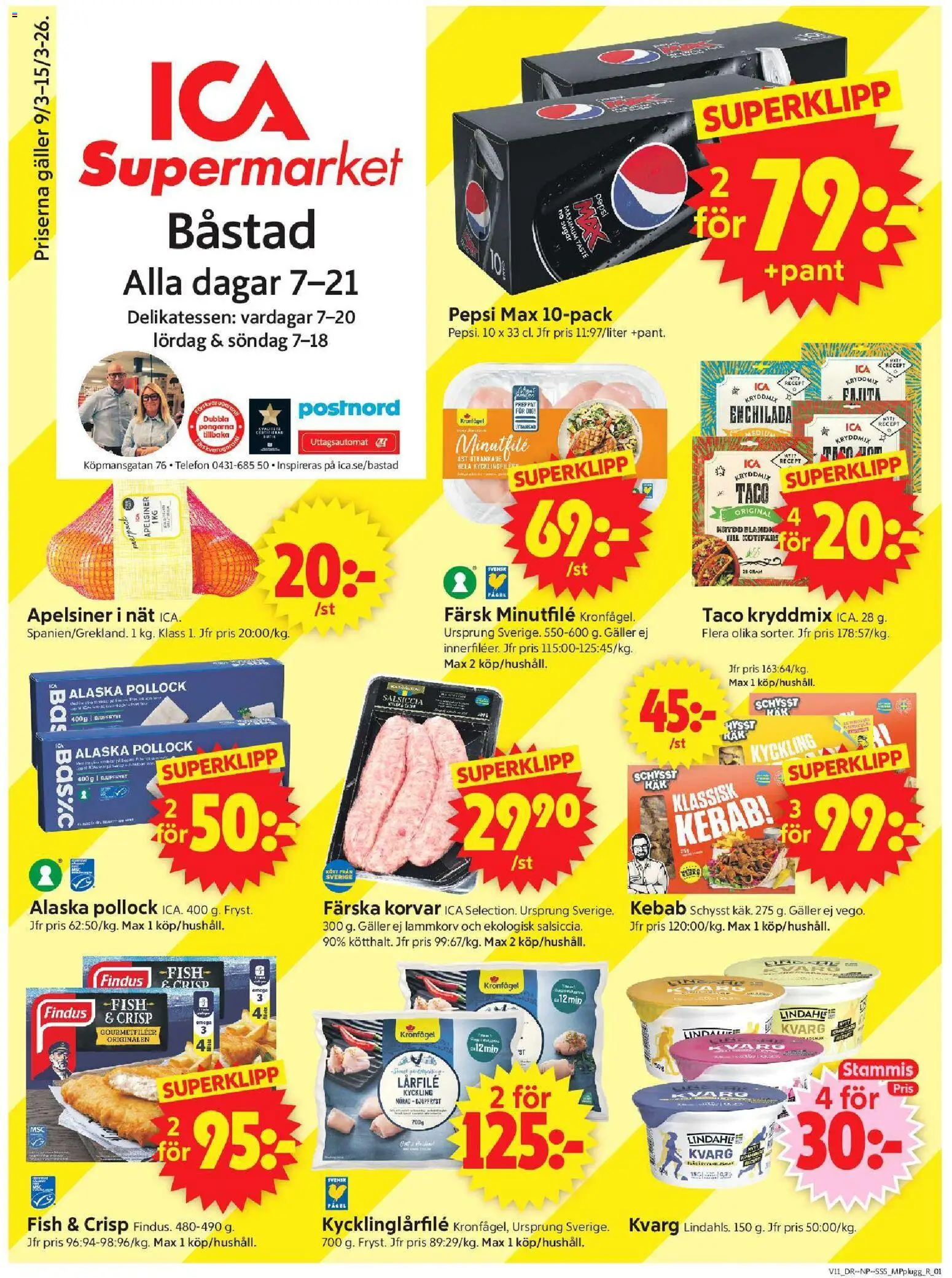 ICA Supermarket reklamblad aktuell från 09.03.2026 | Sida: 1 | Produkter: Galler, Pepsi, Telefon, Kvarg