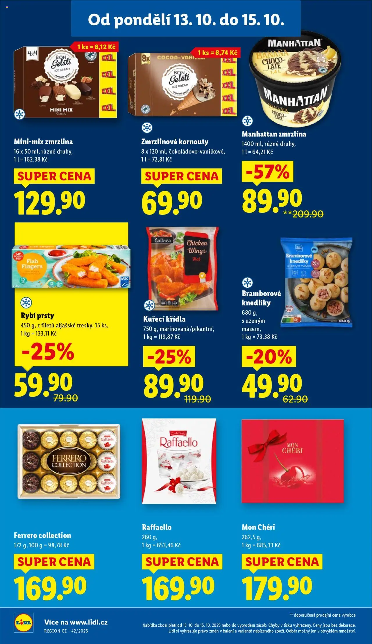 Lidl leták od 13.10.2025 | Strana: 20 | Produkty: Mon Chéri, Zmrzlina, Kuřecí Křídla, Manhattan zmrzlina