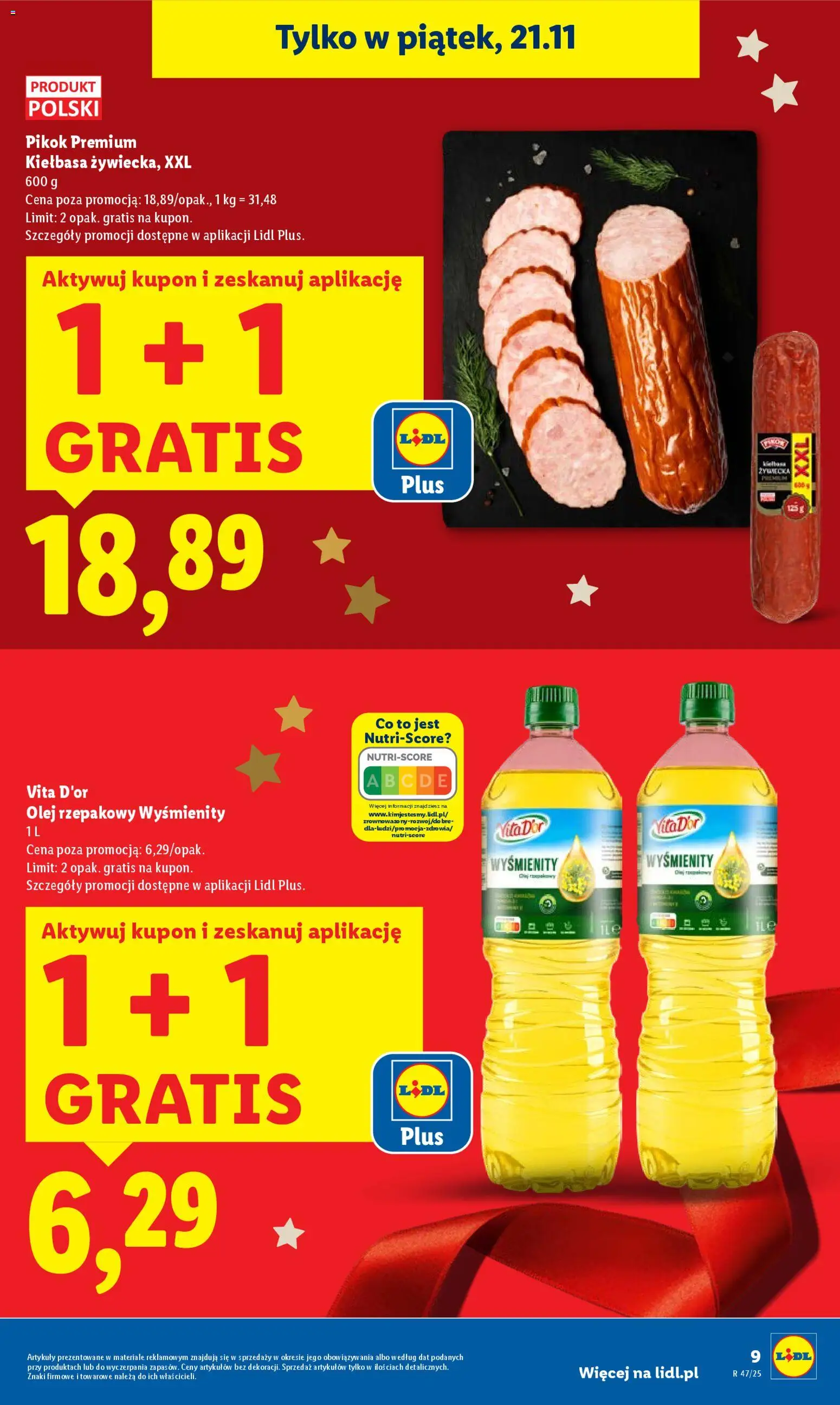 Lidl Gazetka od 20.11.2025 | Strona: 9 | Produkty: Kiełbasa, Olej rzepakowy, Olej