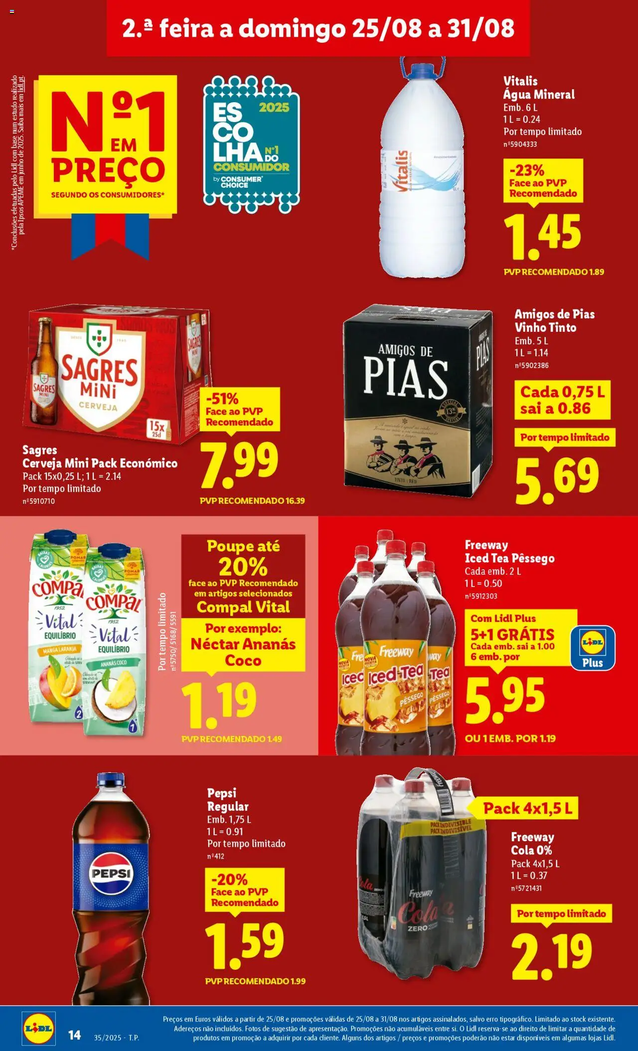 Lidl folheto │ válido de 25.08.2025 | Página: 14 | Produtos: Agua, Vinho, Cerveja, Água mineral