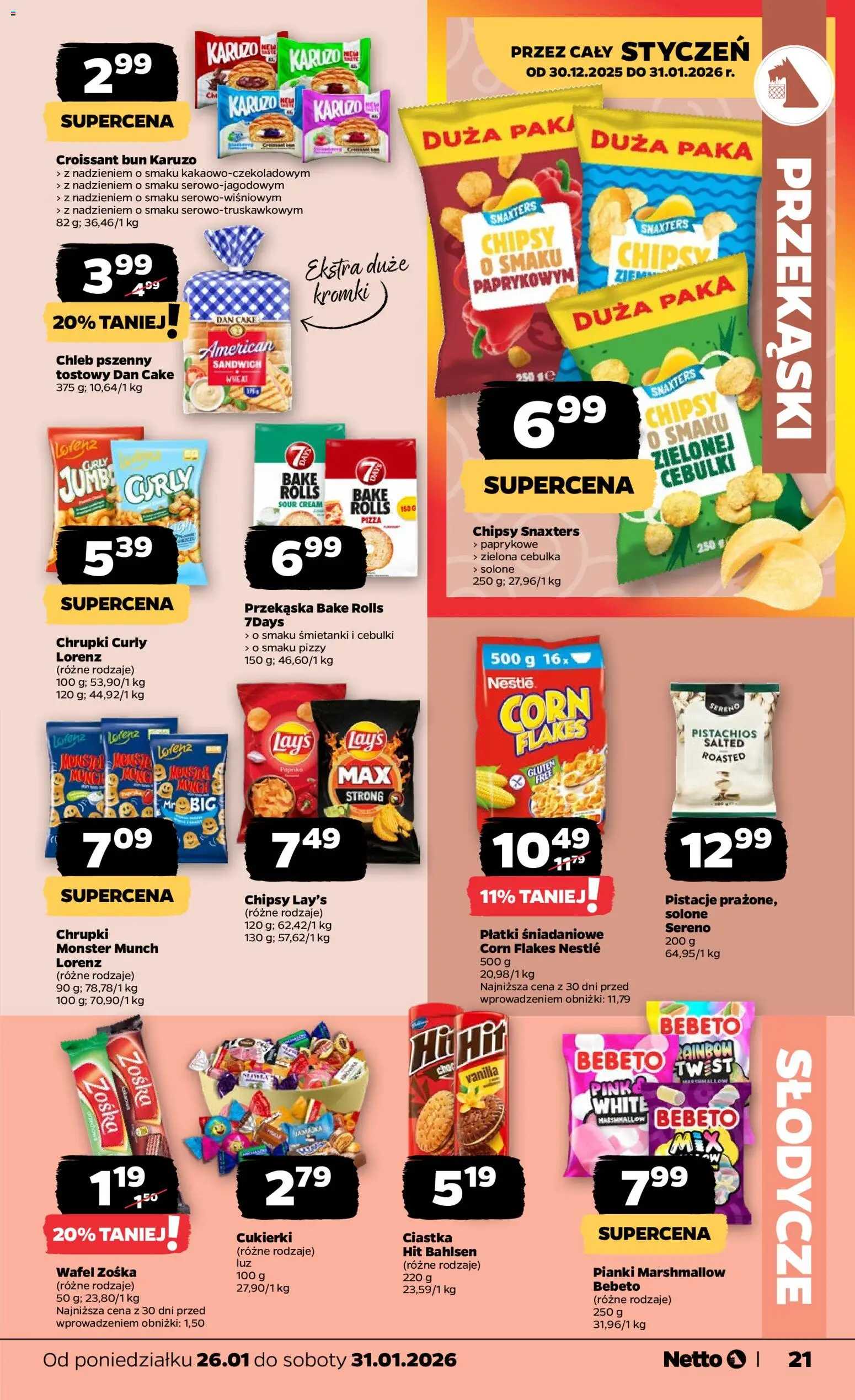 Netto gazetka - Spożywcza od 26.01.2026 | Strona: 21 | Produkty: Chipsy, Pianki marshmallow, Płatki, Corn Flakes