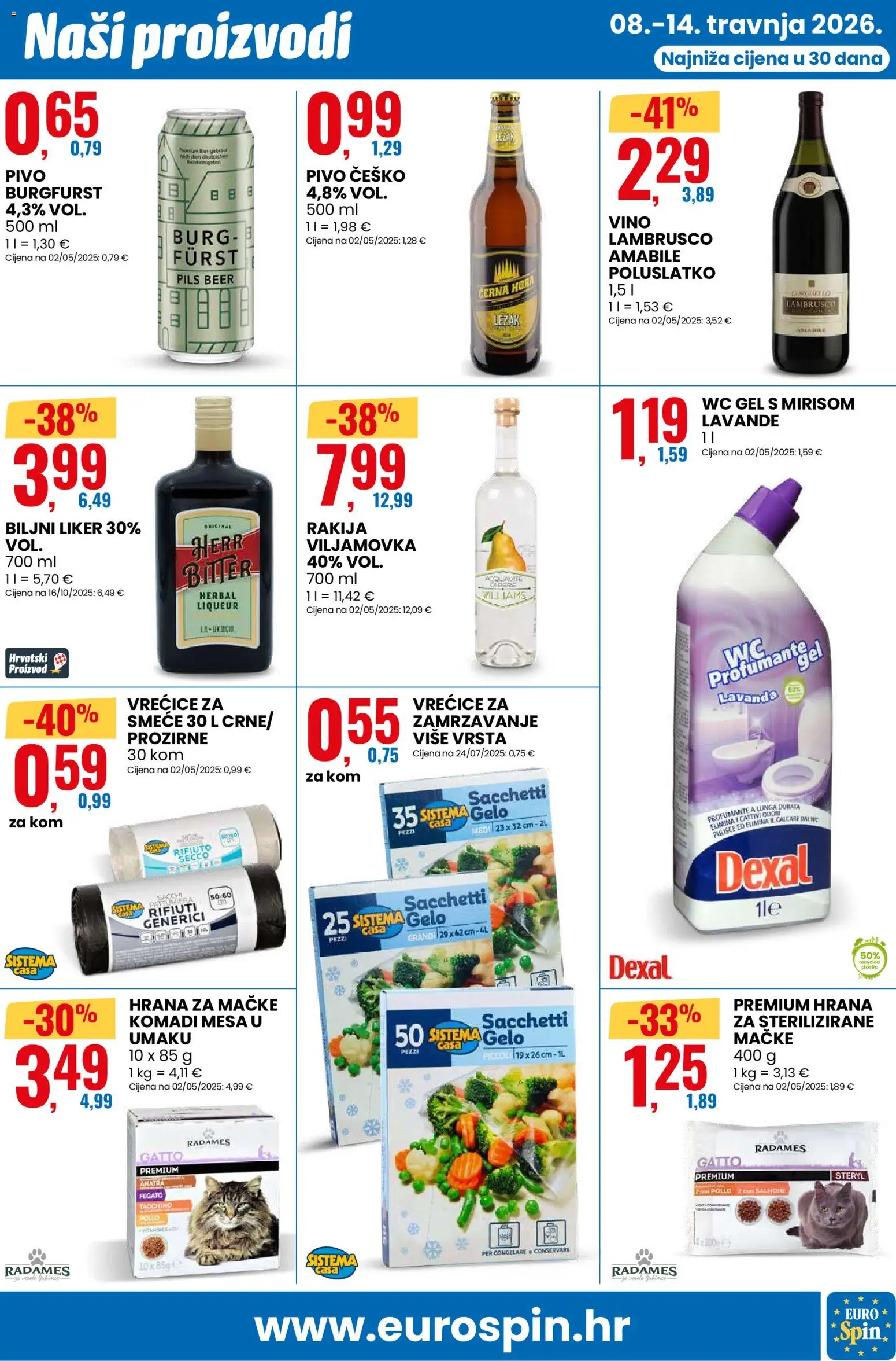 Eurospin katalog | vrijedi od 08.04.2026 | Stranica: 13 | Proizvodi: Med, Vrećice za zamrzavanje, Liker, Hrana za mačke