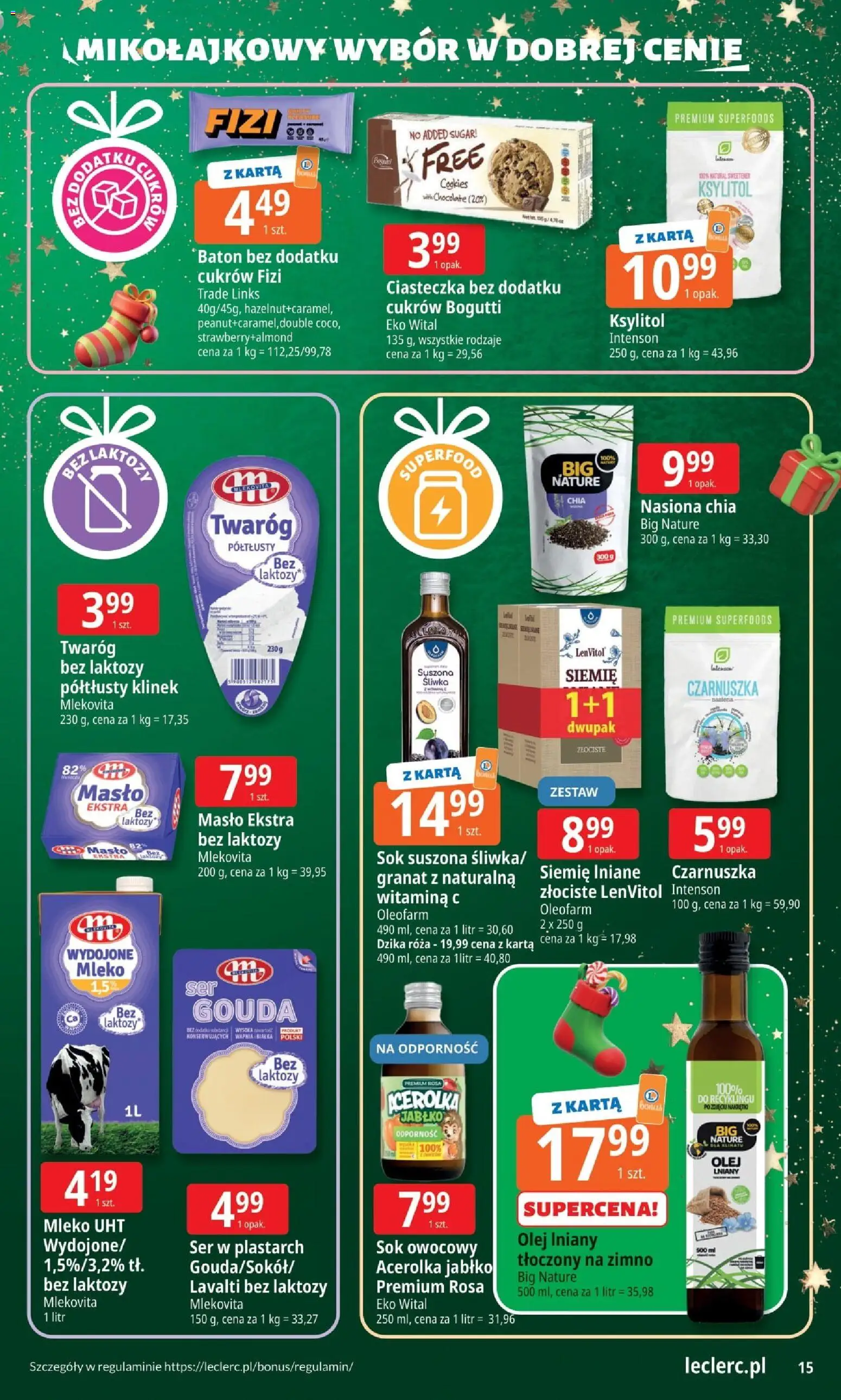E.Leclerc Gazetka - Warszawa Jerozolimskie od 25.11.2025 | Strona: 15 | Produkty: Karta, Czarnuszka, Sok, Twaróg