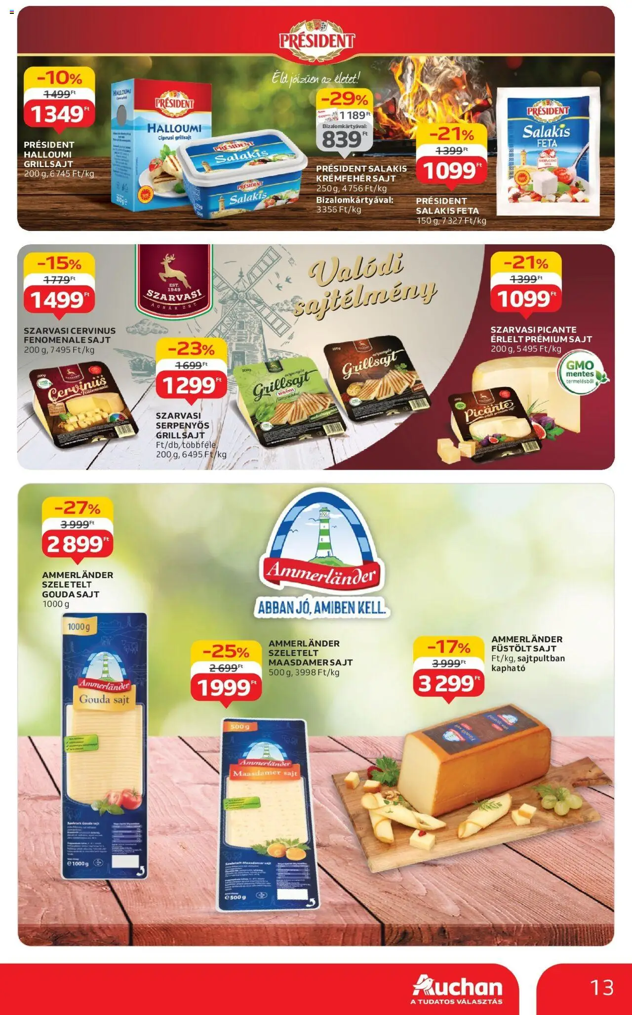 Auchan akciós ujság - amely érvényes a következő dátumtól: 12.06.2025 | Oldal: 13 | Termékek: Grillsajt, Füstölt sajt, Gouda, Sajt
