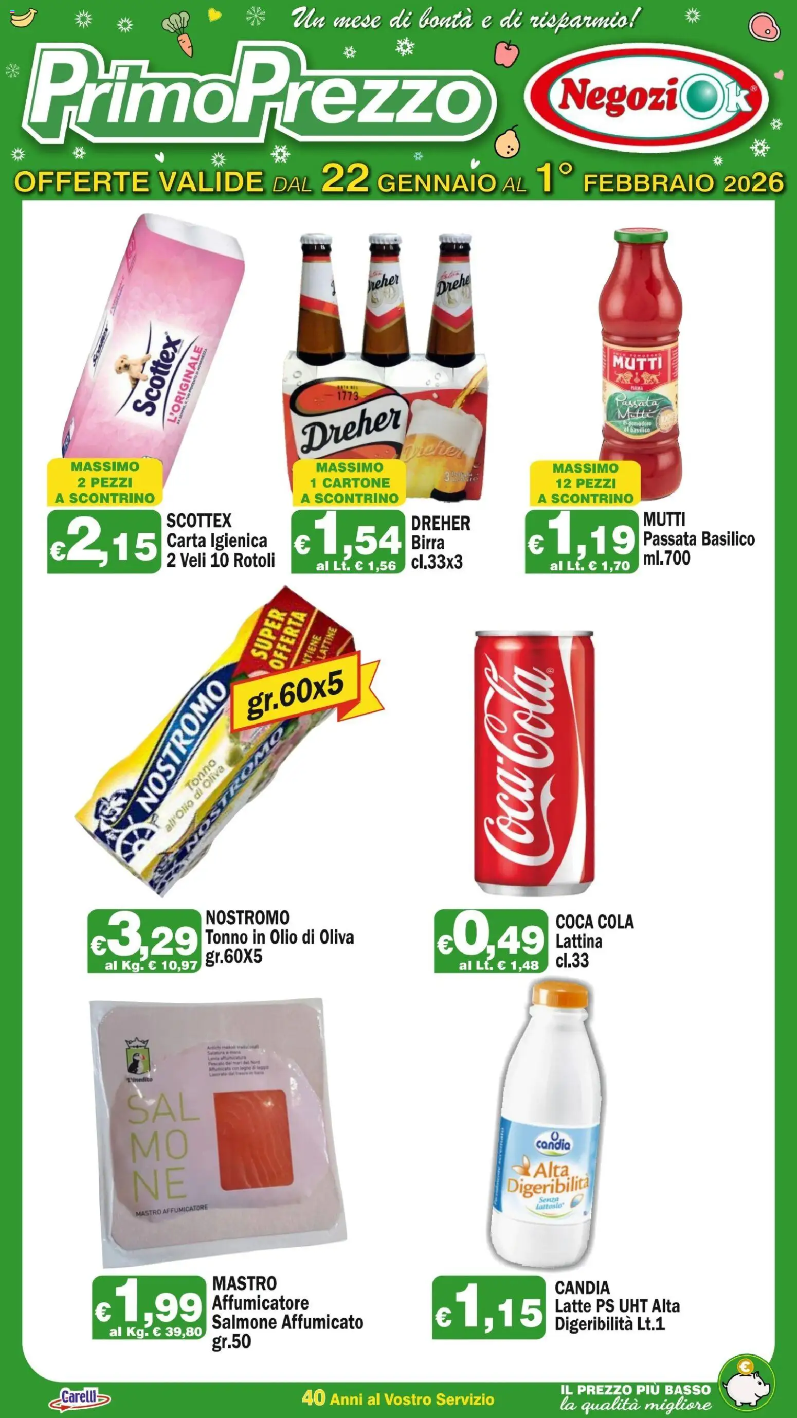 Volantino Primo Prezzo del 22.01.2026 | Pagina: 1 | Prodotti: Salmone, Olio, Mutti, Olio di Oliva