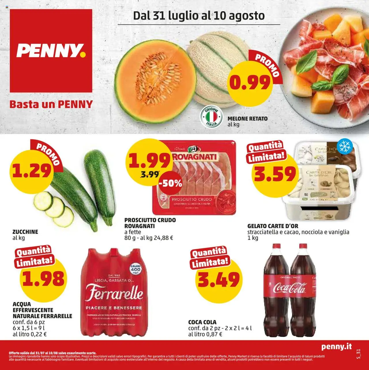 Volantino PENNY del 31.07.2025 | Pagina: 1 | Prodotti: Gelato, Zucchine, Ferrarelle, Coca Cola