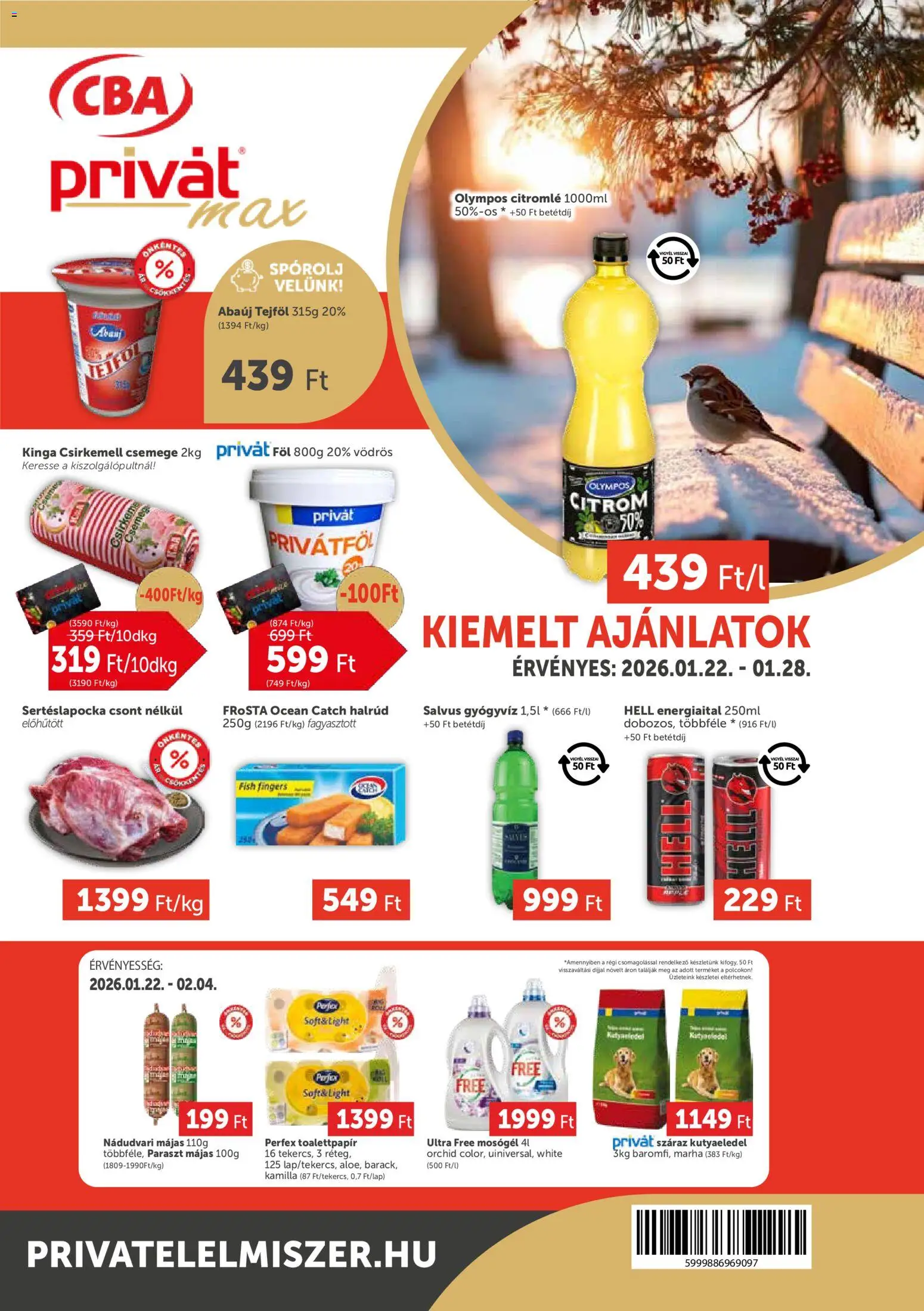 PRIVÁT akciós ujság - amely érvényes a következő dátumtól: 22.01.2026 | Oldal: 1 | Termékek: Energiaital, Mosógél, Tejföl, Citrom
