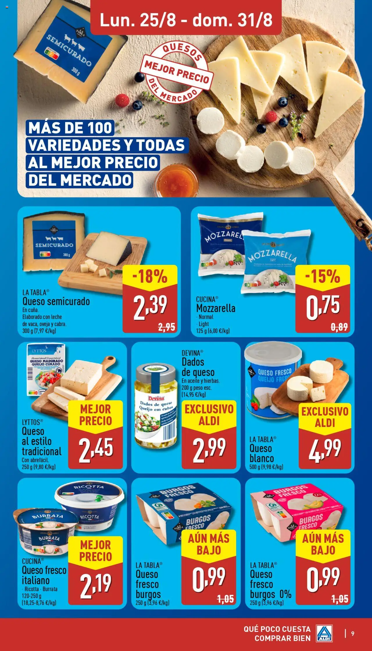 Aldi folleto Península │ válido desde el 25.08.2025 | Página: 9 | Productos: Leche, Queso, Aceite, Peso