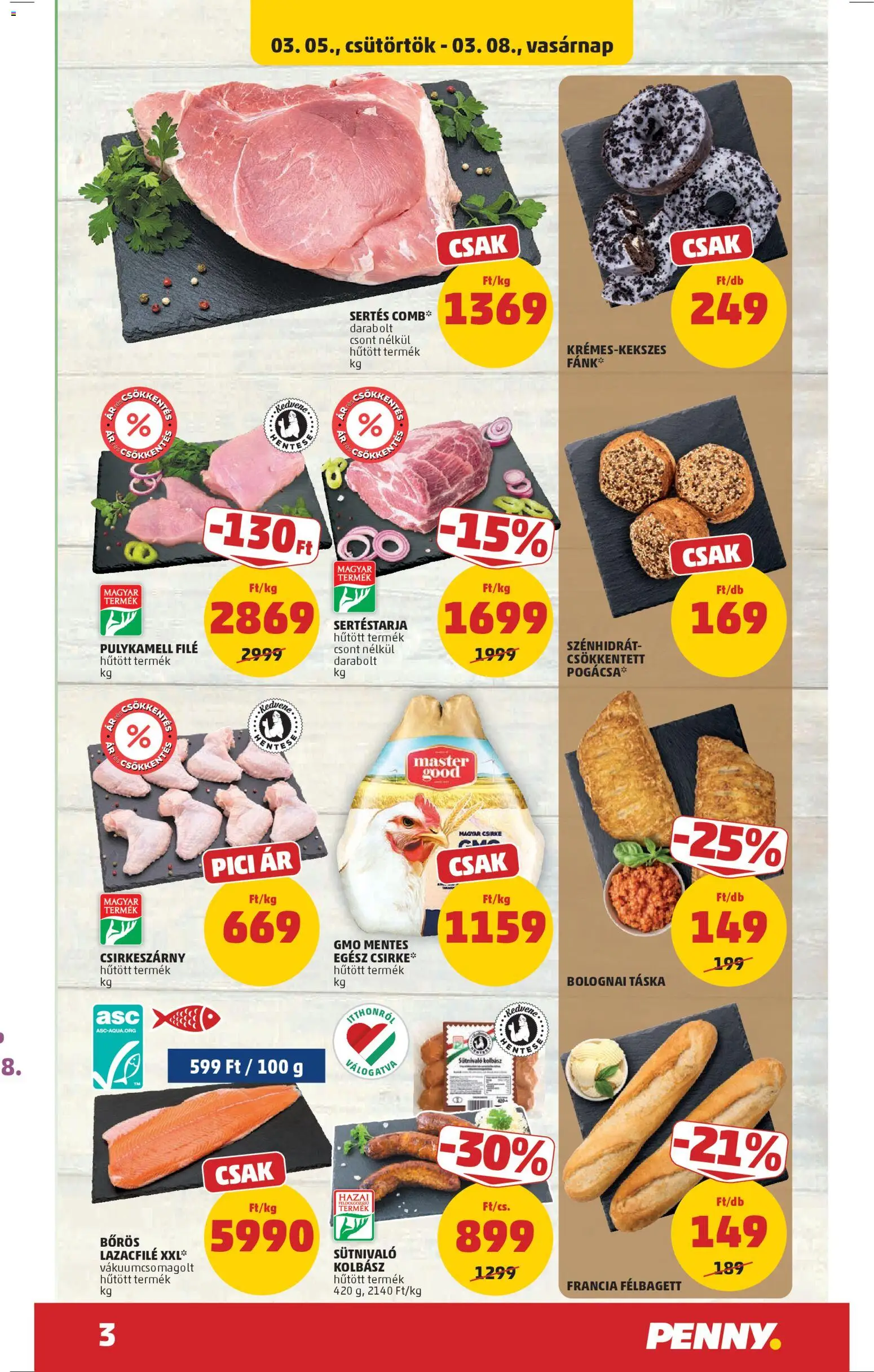 PENNY akciós ujság - amely érvényes a következő dátumtól: 05.03.2026 | Oldal: 3 | Termékek: Pulykamell filé, Kolbász, Fánk, Pogácsa