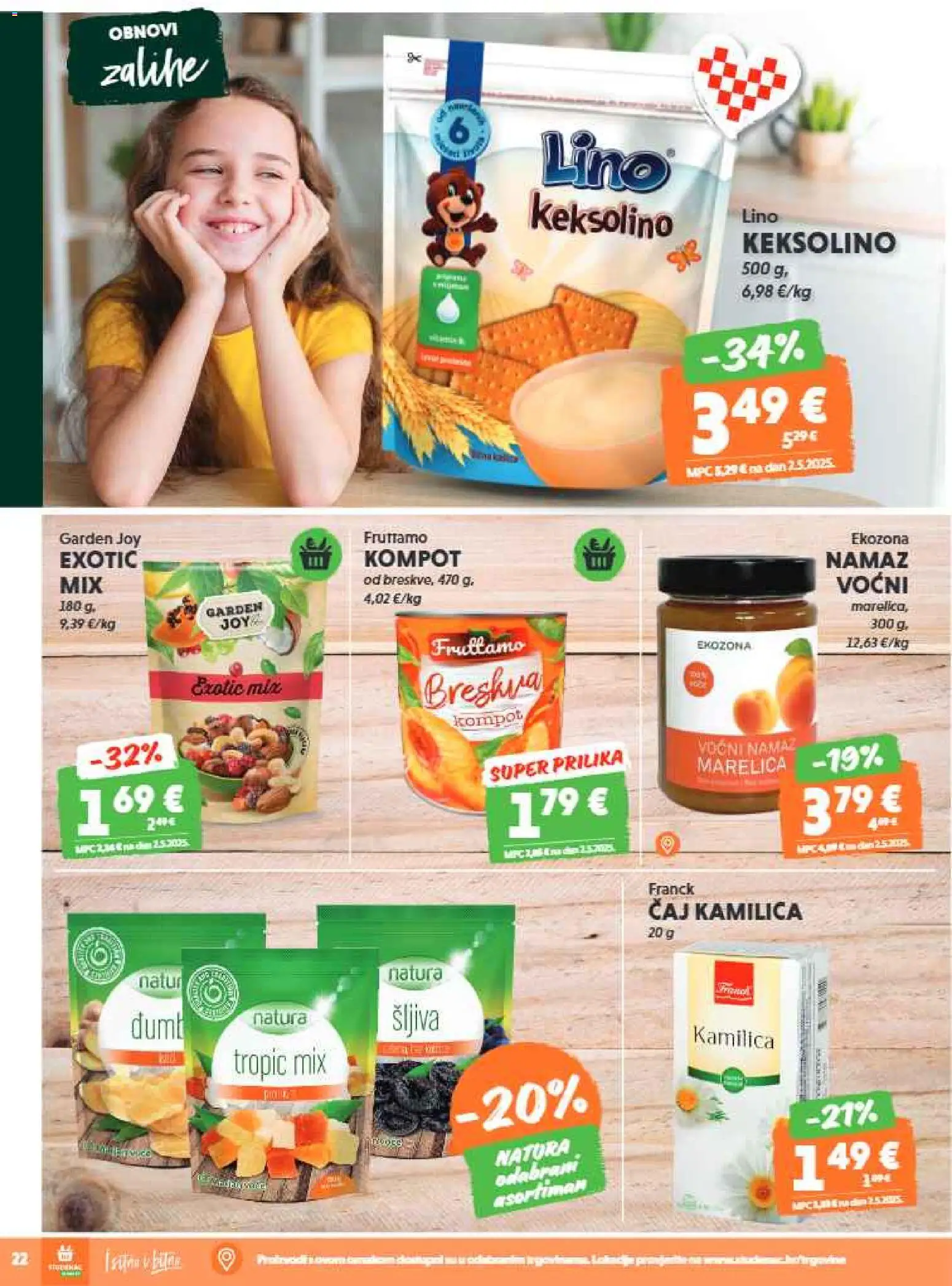 Studenac katalog | vrijedi od 07.01.2026 | Stranica: 22 | Proizvodi: Keksolino, Šljiva, Breskva, Namaz