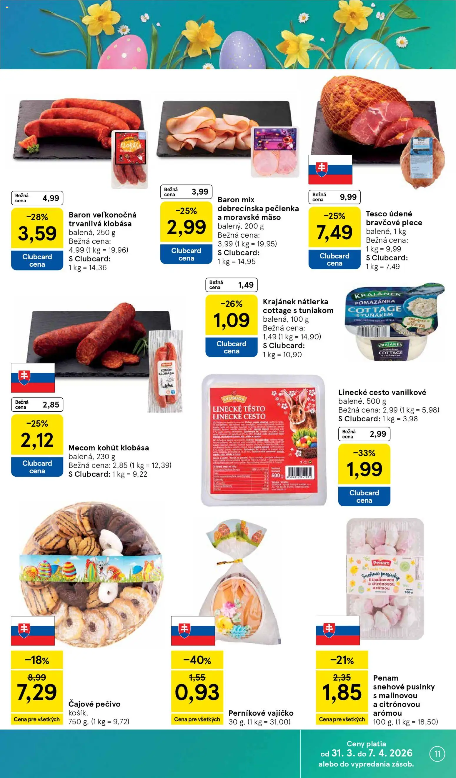 Nové Tesco akcie – leták je platný od 31.03.2026 | Strana: 11 | Produkty: Klobása, Bravčové plece