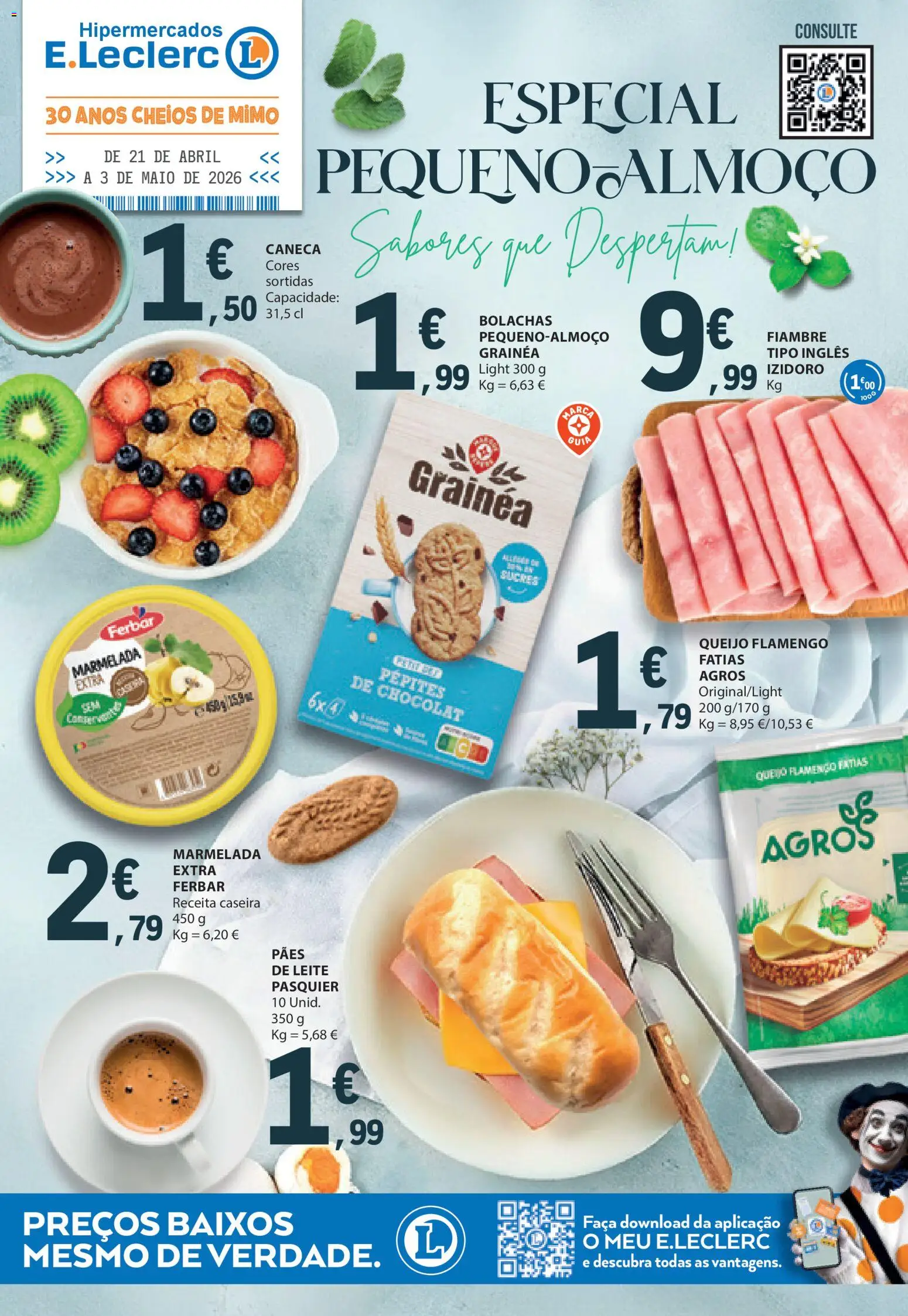 E.Leclerc folheto Especial Pequeno-Almoço │ válido de 21.04.2026 | Página: 1 | Produtos: Marmelada, Bolachas, Caneca, Queijo