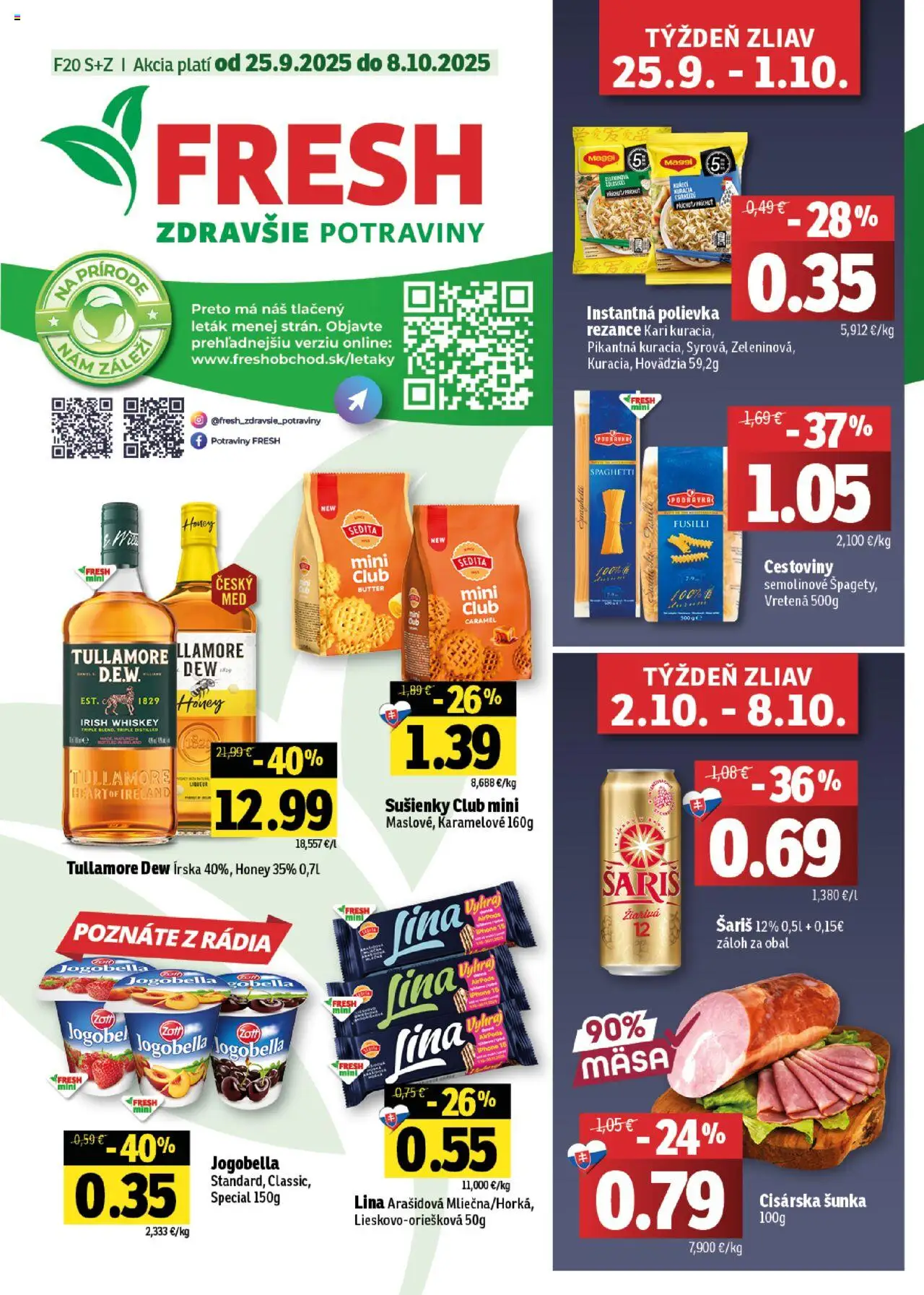 Nové Fresh akcie – leták je platný od 25.09.2025 | Strana: 1 | Produkty: Fusilli, Cestoviny, Rezance, Tullamore Dew