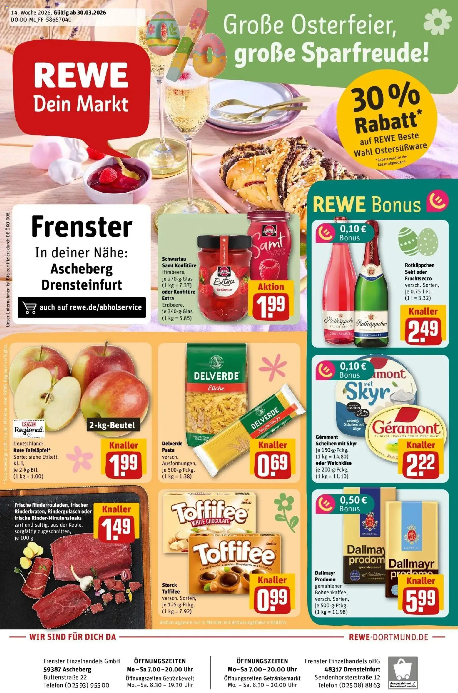 Rewe Prospekt Ascheberg	 – gültig ab 30.03.2026 | Seite: 1 | Produkte: Skyr, Himbeere, Pasta, Telefon
