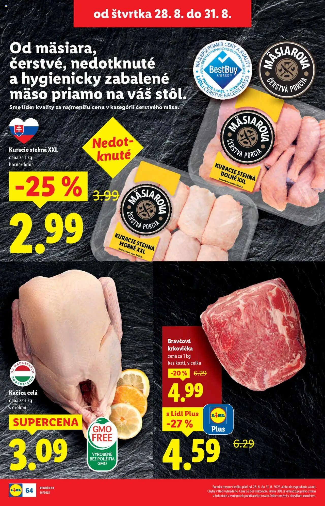 Lidl leták │ platný od 25.08.2025 | Strana: 74 | Produkty: Bravčová krkovička, Kačica, Kuracie stehná, Krkovička