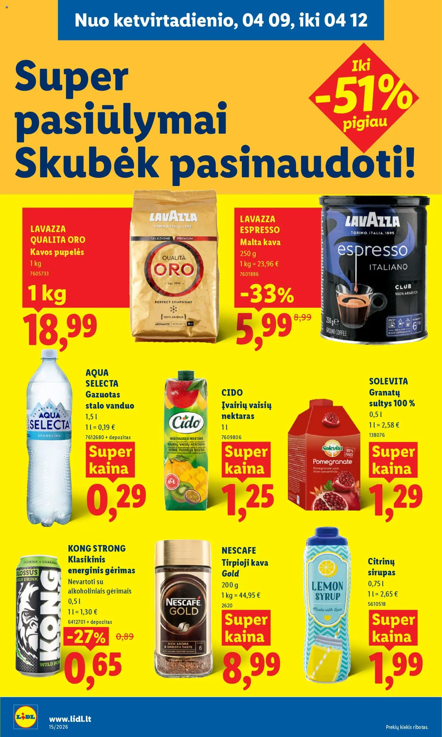 LIDL akcijos nuo 06.04.2026 | Puslapis: 32 | Prekių: Tirpioji kava, Kavos pupelės, Energinis gėrimas, Kava