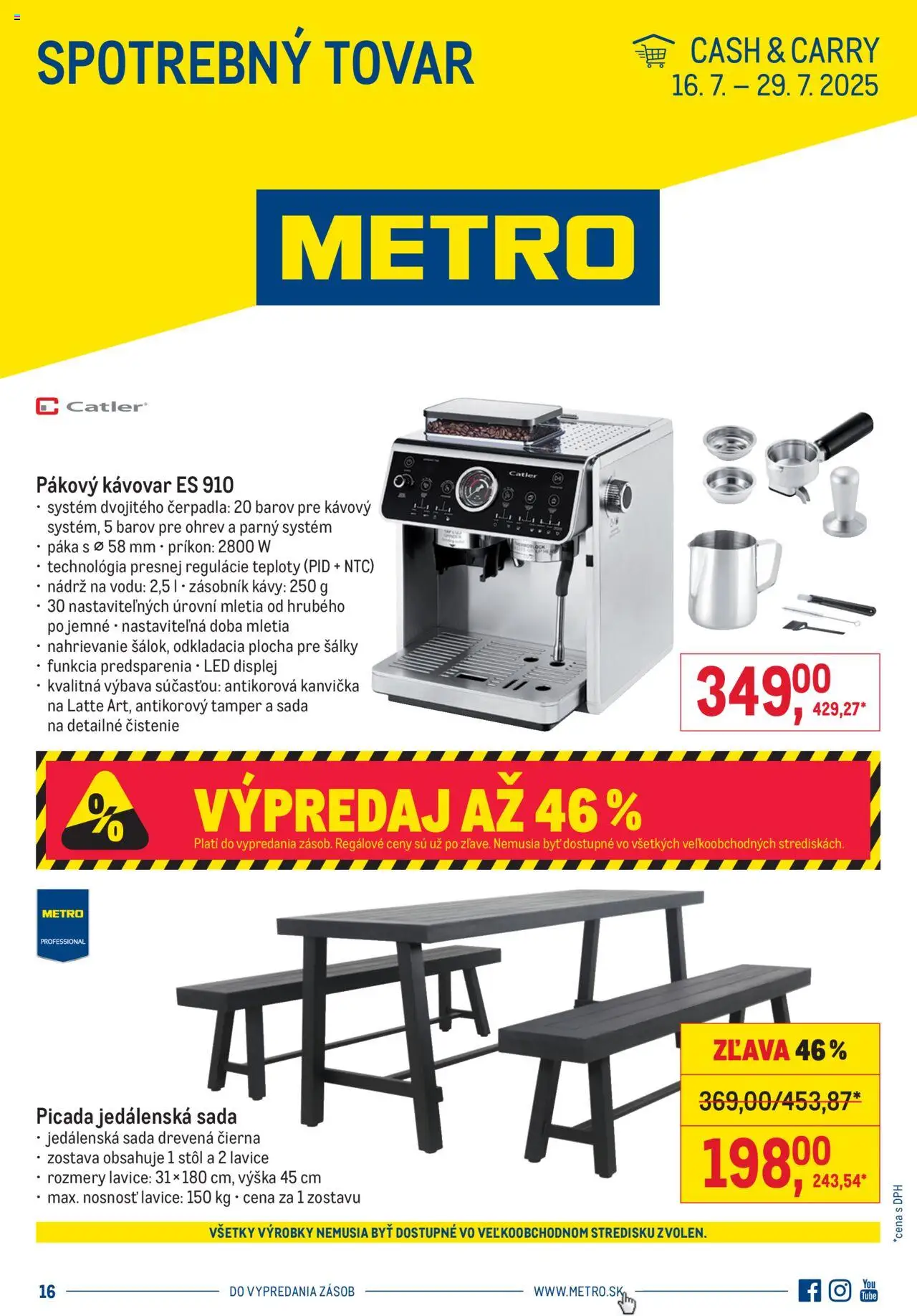 Metro spotrebný tovar │ platný od 16.07.2025 | Strana: 1 | Produkty: Stôl, Pákovy kávovar, Kávovar