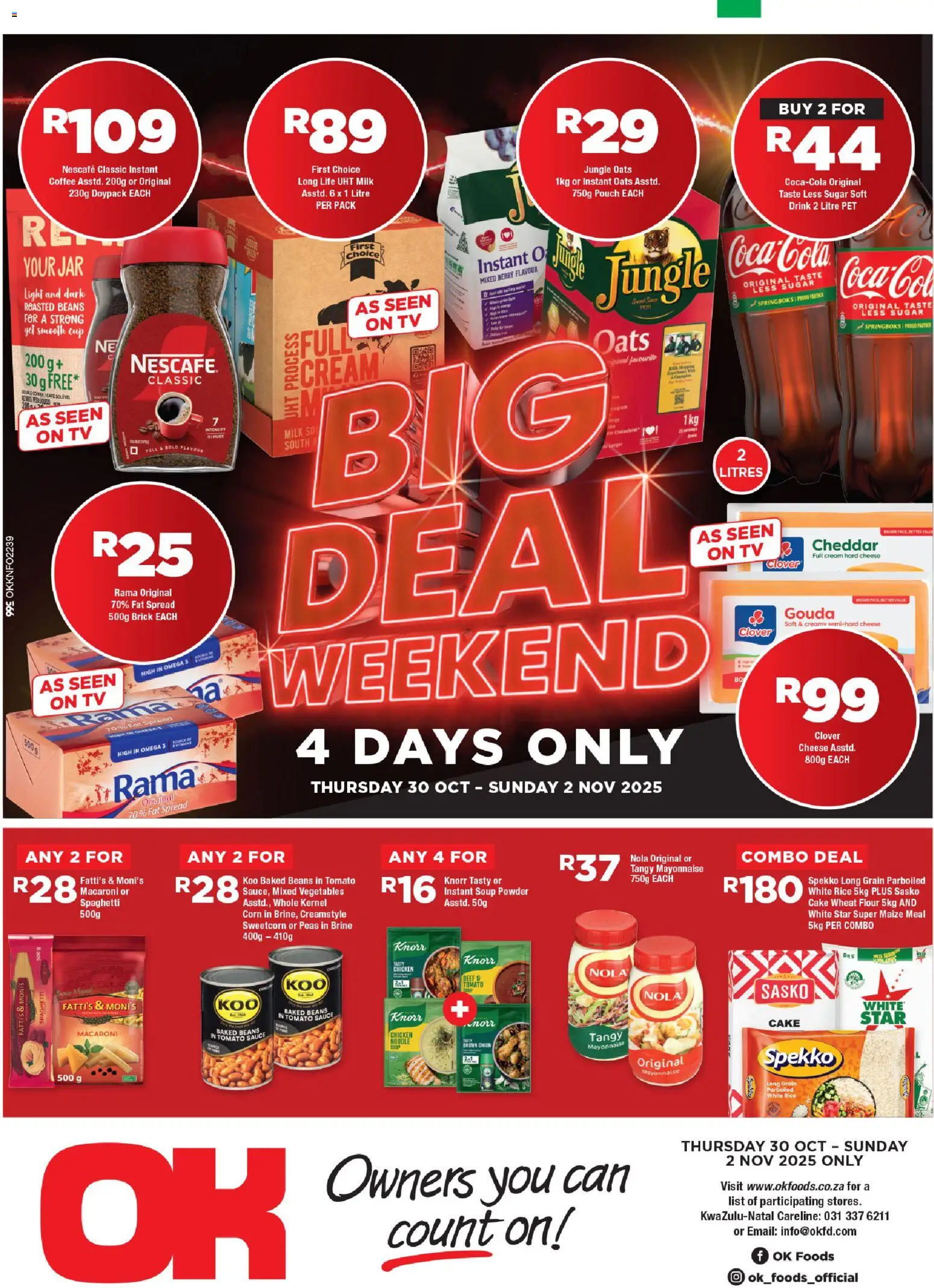 New OK Foods catalogue – valid from 30.10.2025 | Page: 1 | Products: Flour, Milk, Cheese, Tomato sauce