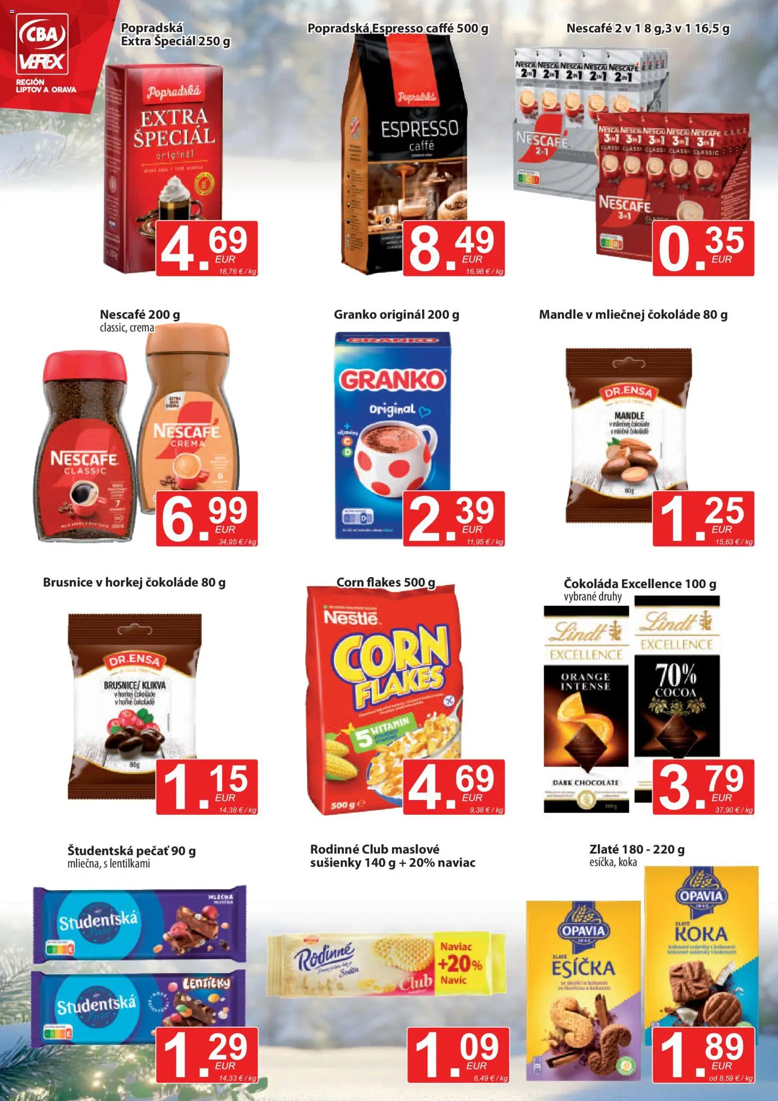 Nové CBA Verex akcie – leták je platný od 22.01.2026 | Strana: 8 | Produkty: Čokoláda, Študentská pečať, Granko, Nescafé Crema
