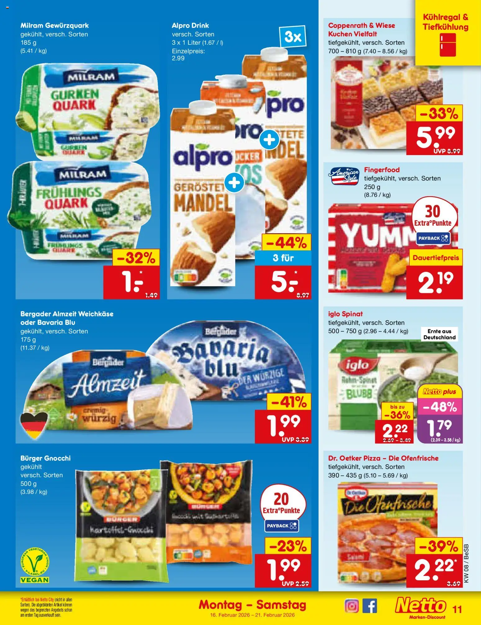 Netto Marken-Discount Prospekt 	 – gültig ab 16.02.2026 | Seite: 11 | Produkte: Burger, Alpro, Pizza, Gurken